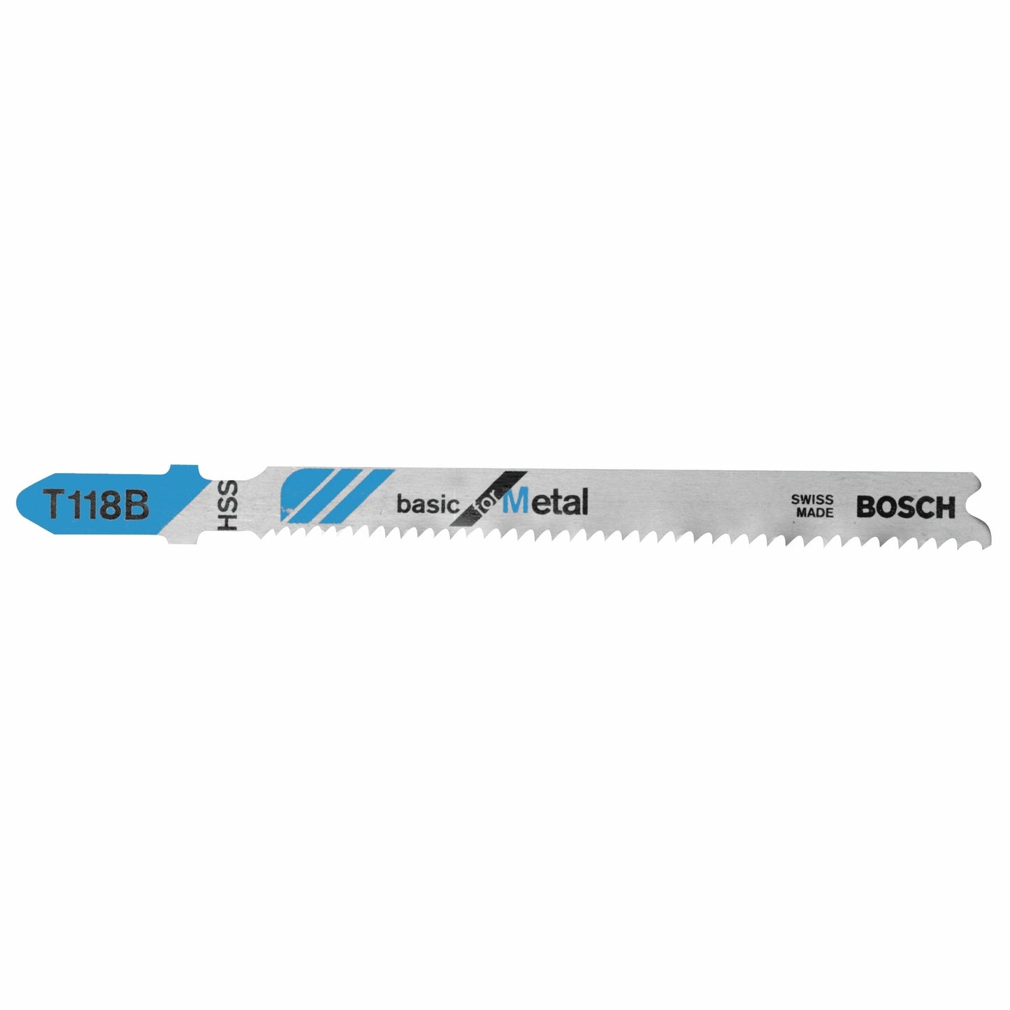 Hojas de sierra caladora BOSCH T118B de 5 piezas, 3-5/8 pulg., 11-14 dientes por pulgada, básicas para metal, con vástago en T