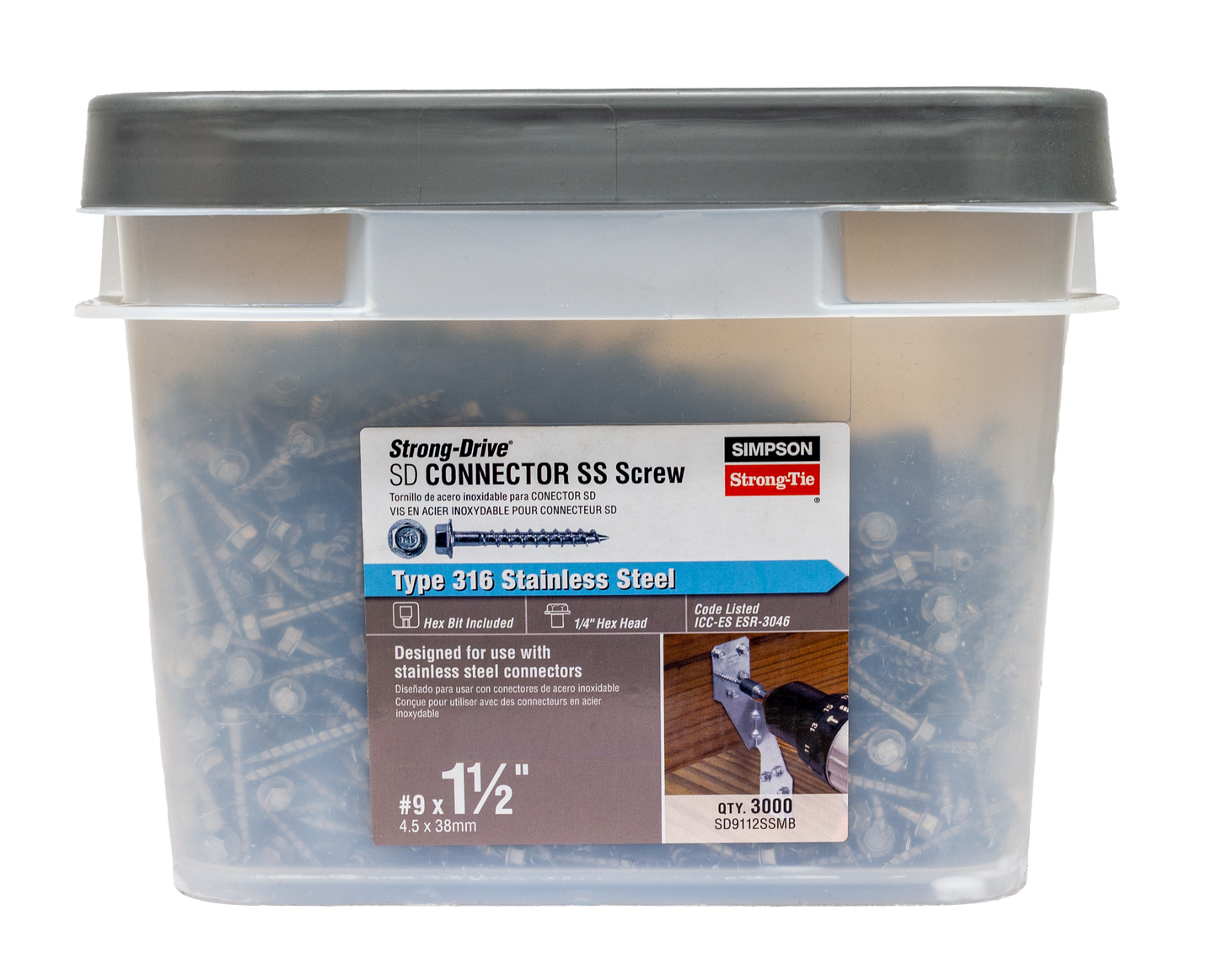 Simpson Strong-Tie SD9112SSMB Strong-Drive® SD CONNECTOR SS Screw — #9 x 1-1/2 in. 1/4-Hex Drive, Type 316 (3000-Qty)