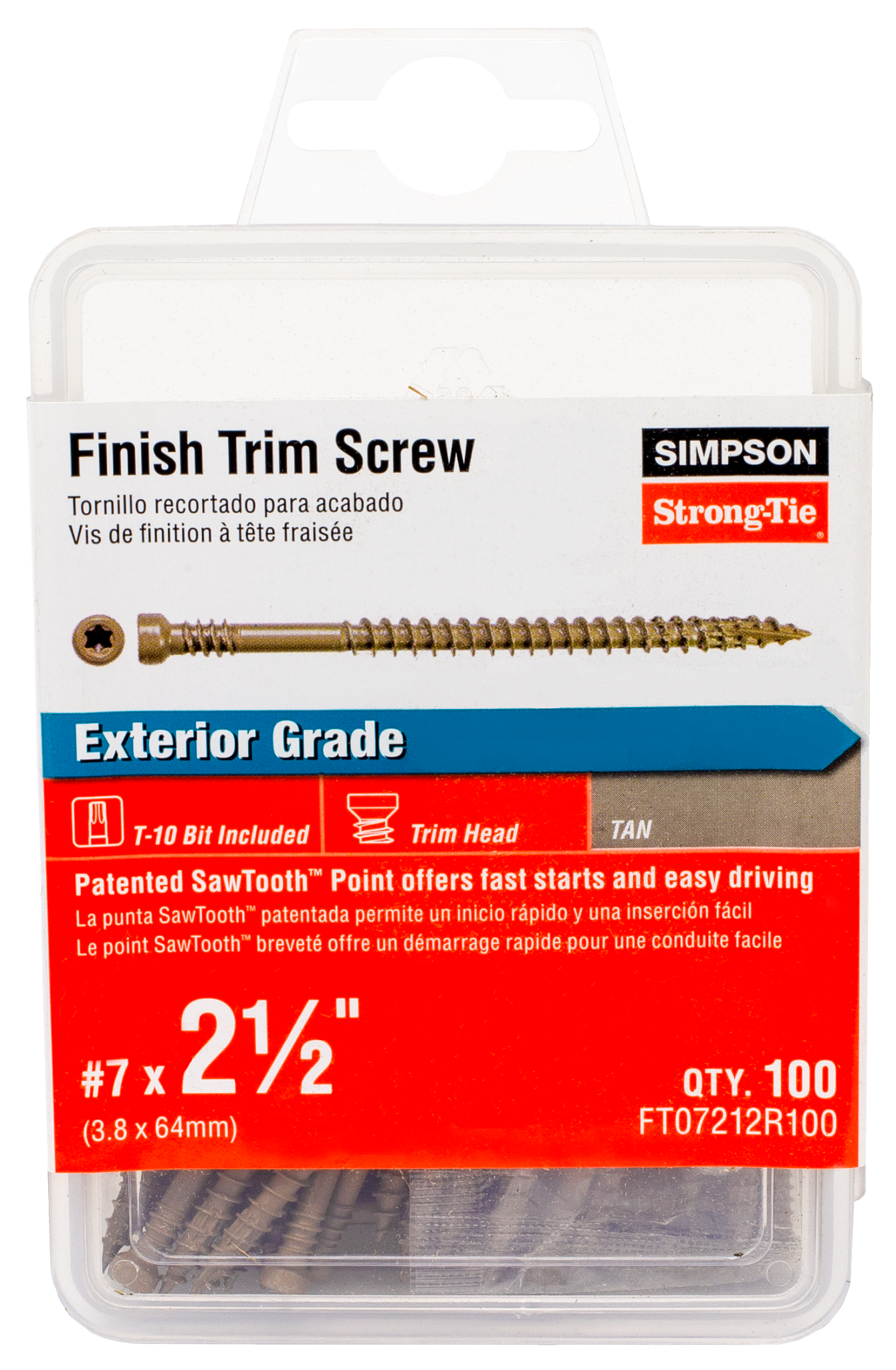 Simpson Strong-Tie FT07212R100 Finish Trim Screw — #7 x 2-1/2 in. T10, Trim-Head, Quik Guard®, Tan (100-Qty)