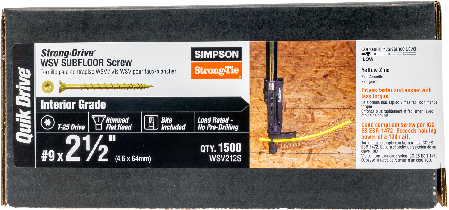 Simpson Strong-Tie WSV212S Strong-Drive® WSV SUBFLOOR Screw (Collated) — #9 x 2-1/2 in. T25, Yellow Zinc (1500-Qty) (Pack of 100)