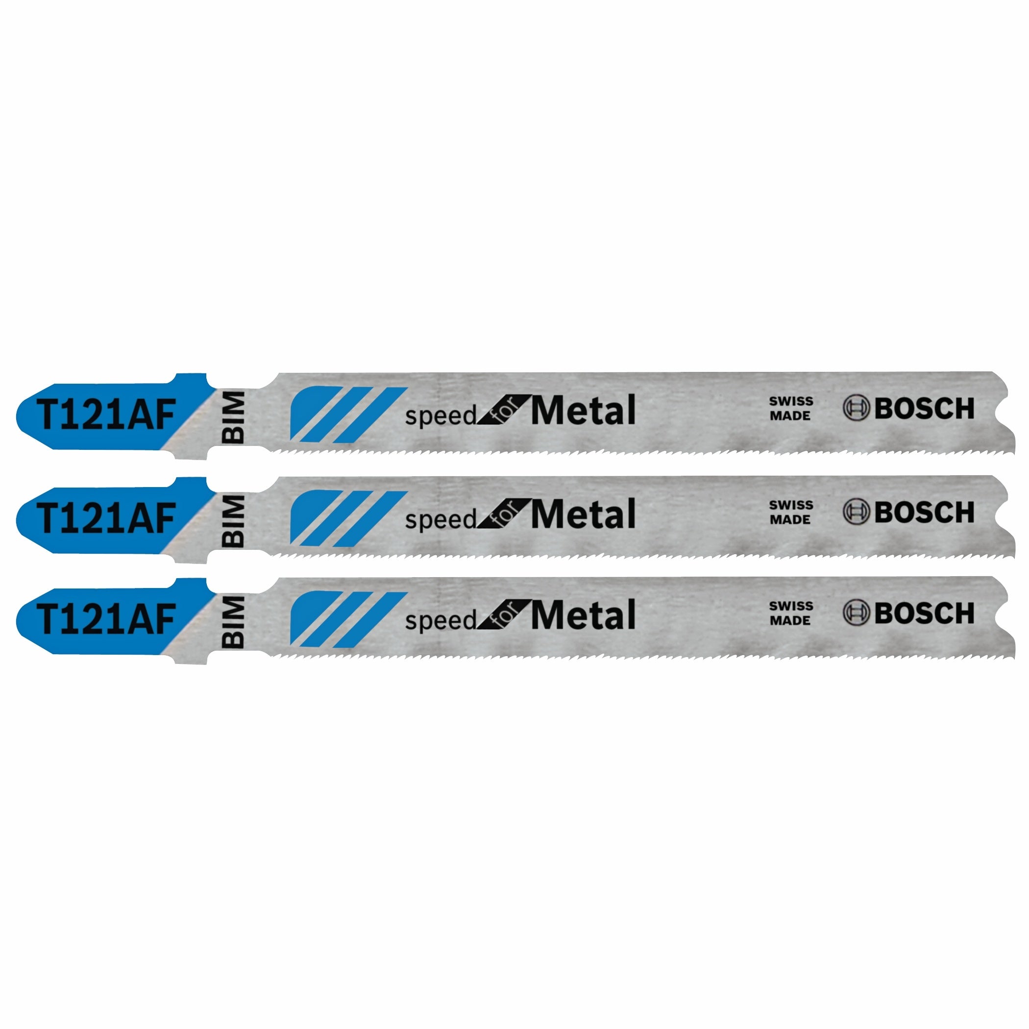 Hojas de sierra caladora BOSCH T121AF3 de 3 piezas, 3-5/8 pulg., 21 dientes por pulgada, para metal, con vástago en T