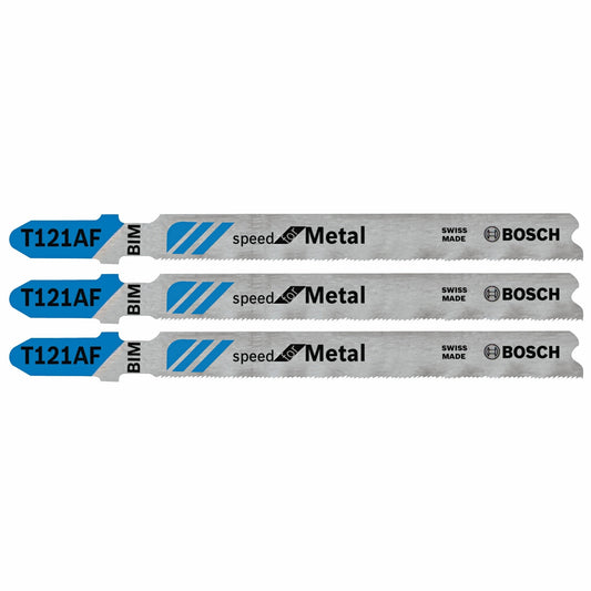 Hojas de sierra caladora BOSCH T121AF3 de 3 piezas, 3-5/8 pulg., 21 dientes por pulgada, para metal, con vástago en T