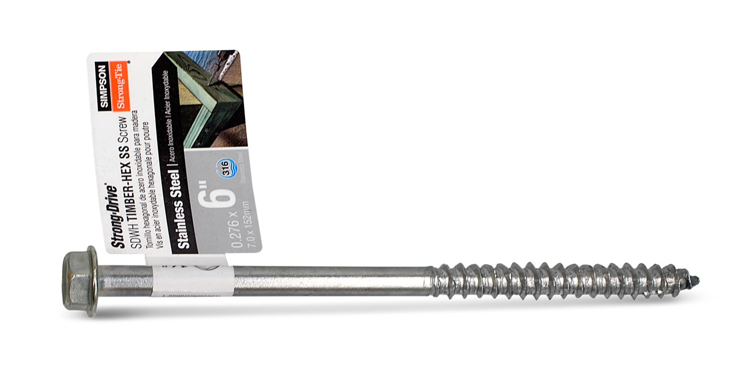 Simpson Strong-Tie SDWH27600SS-RP1 Strong-Drive® SDWH™ TIMBER-HEX SS Screw — 0.275 in. x 6 in. 1/2 Hex, Type 316 (Pack of 35)