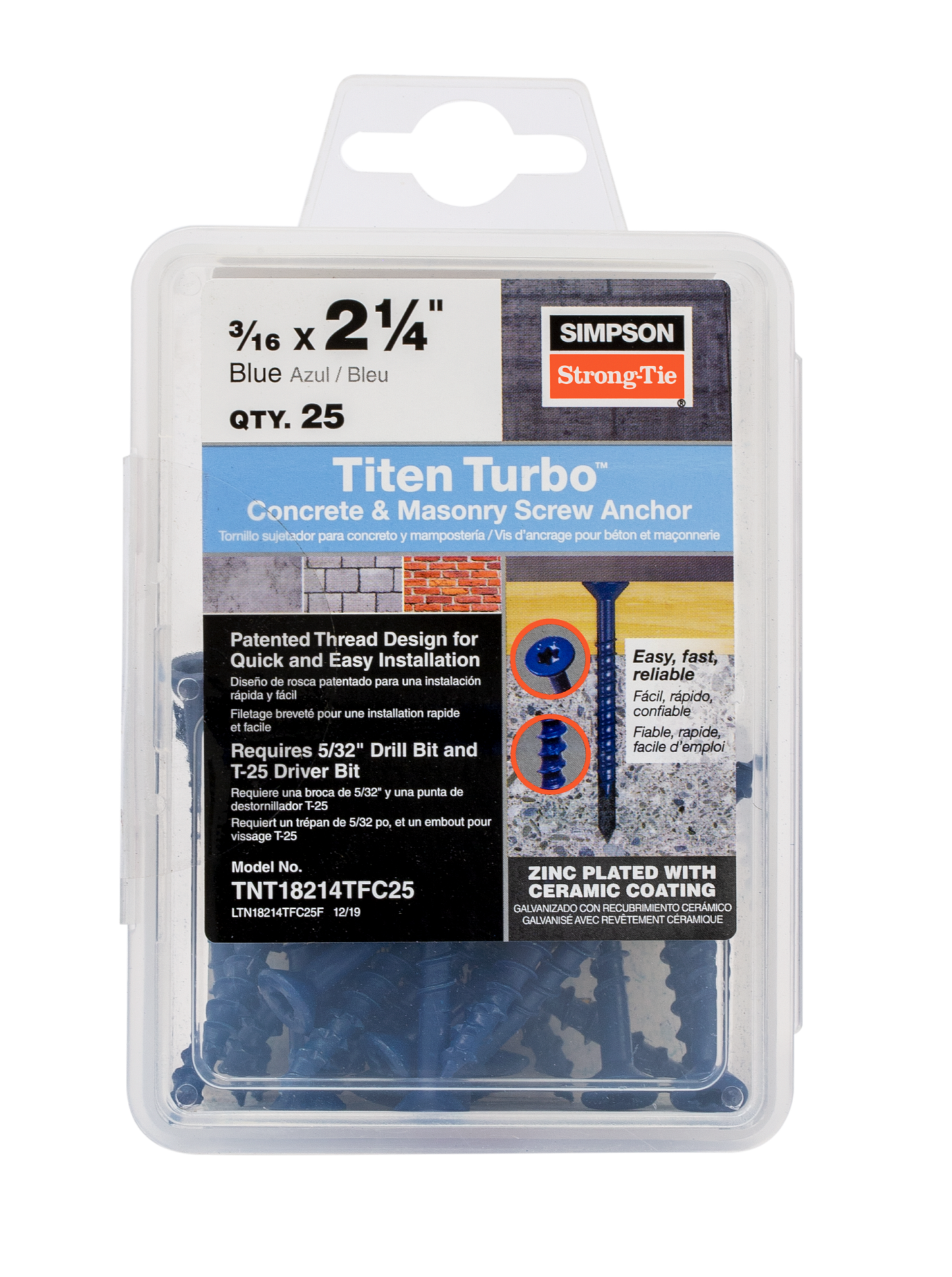 Simpson Strong-Tie TNT18214TF Titen Turbo™ — 3/16 in. x 2-1/4 in. 6-Lobe Flat-Head Concrete and Masonry Screw, Blue (100-Qty) (Pack of 5)