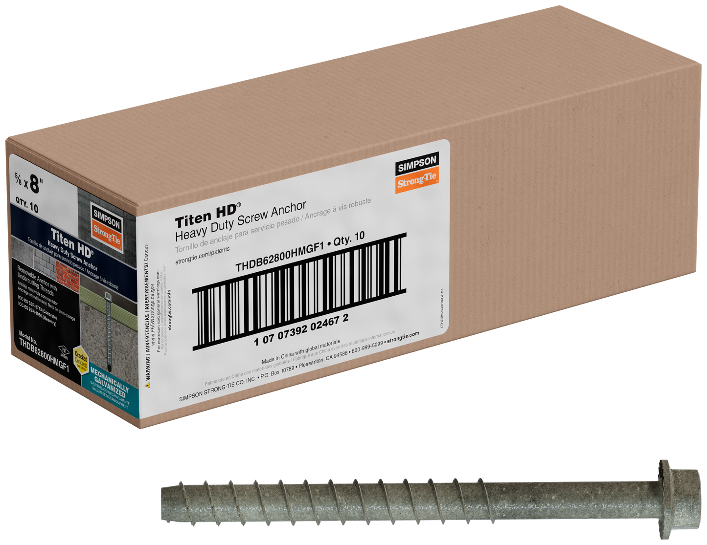 Simpson Strong-Tie THDB62800HMGF1 Titen HD® 5/8 in. x 8 in. Mechanically Galvanized Heavy-Duty Screw Anchor (Pack of 2640)