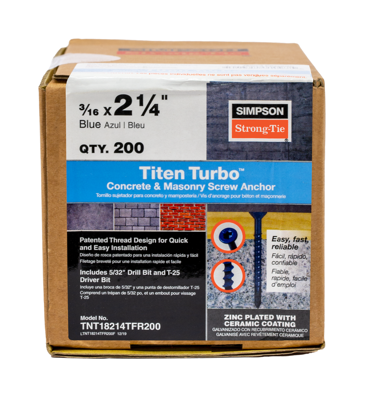 Simpson Strong-Tie TNT18214TFR200 Titen Turbo™ — 3/16 in. x 2-1/4 in. 6-Lobe Flat-Head Concrete and Masonry Screw, Blue (200-Qty)
