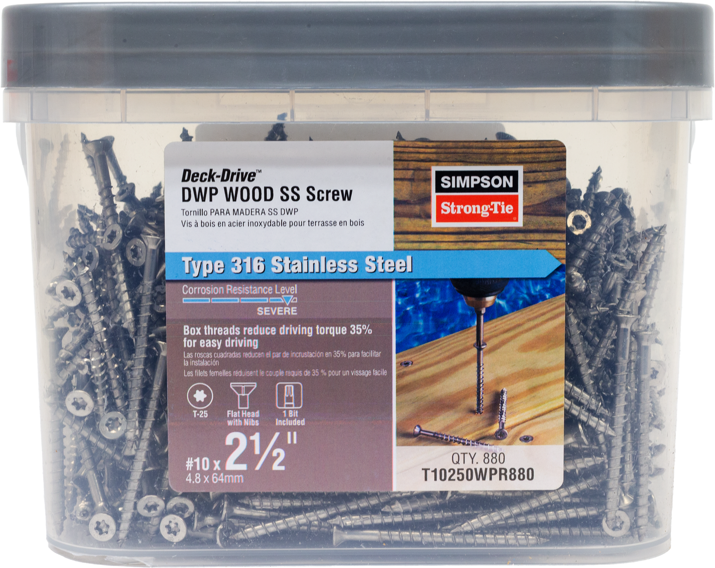 Simpson Strong-Tie T10250WPR880 Deck-Drive™ DWP WOOD SS Screw — #10 x 2-1/2 in. T25, Flat Head, Type 316 (880-Qty) (Pack of 4)