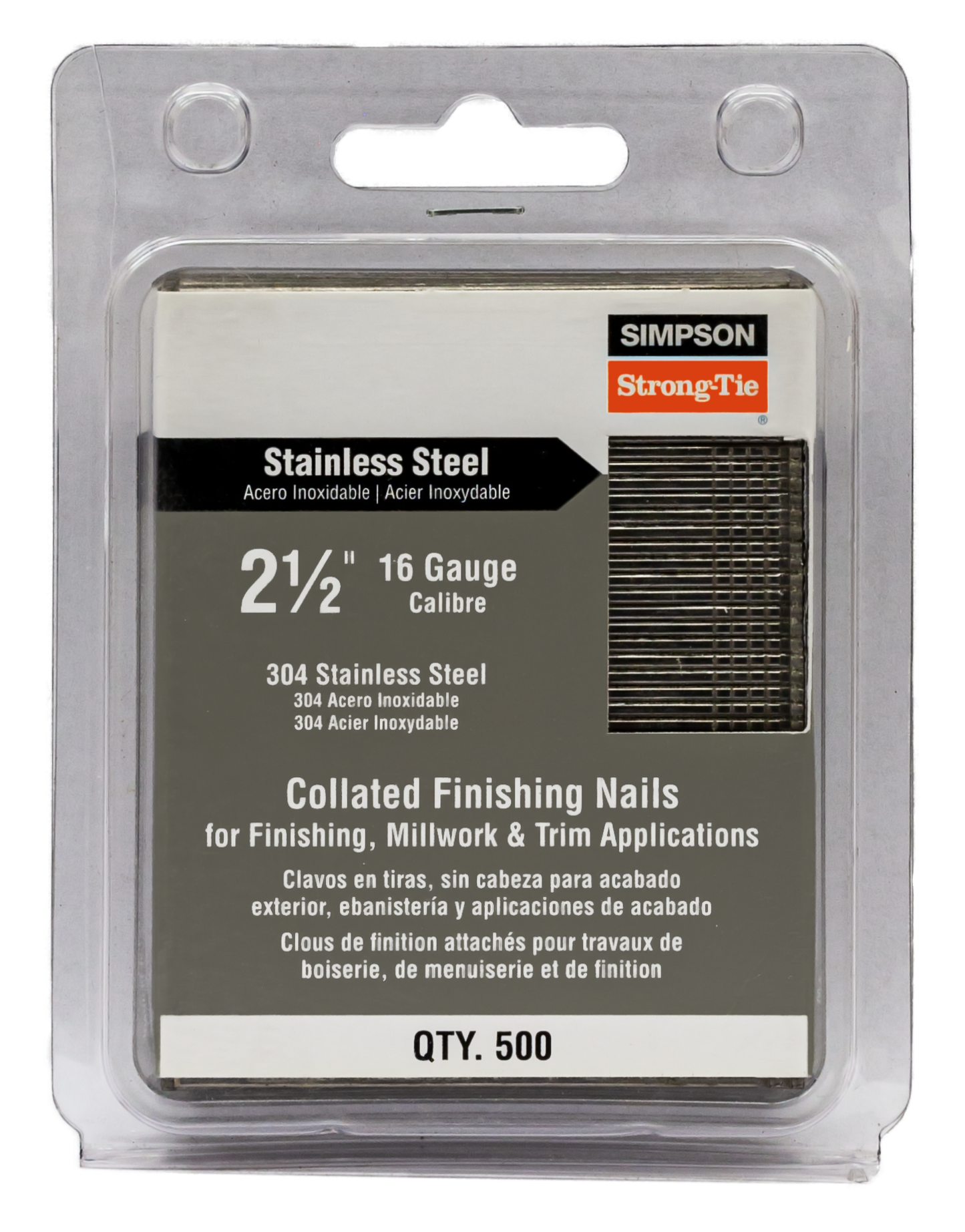 Simpson Strong-Tie S16N250FNB Straight, Adhesive Collation, T-Style Head, 16-Gauge Finishing Nail — 2-1/2 in. Type 304 (500-Qty)