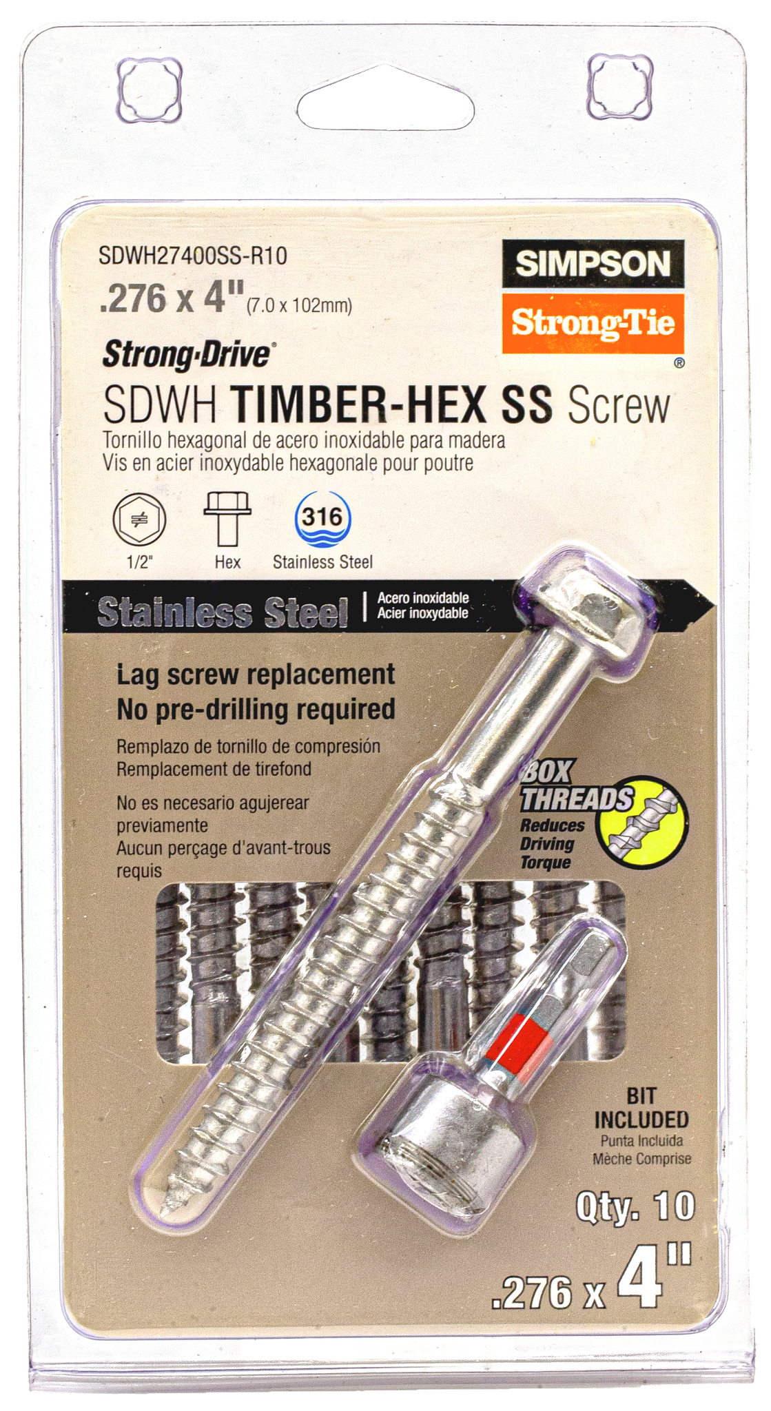 Simpson Strong-Tie SDWH27400SS-R10 Strong-Drive® SDWH™ TIMBER-HEX SS Screw — 0.275 in. x 4 in. 1/2 Hex, Type 316 (10-Qty)