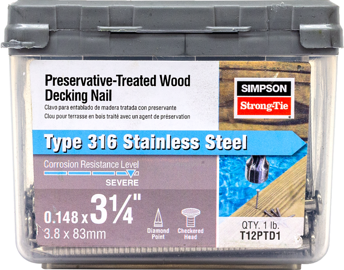Simpson Strong-Tie T12PTD1 Preservative-Treated Wood Decking Nail, Ring Shank — 3-1/4 in. x .148 in. Type 316 (1 lb.) (Pack of 800)