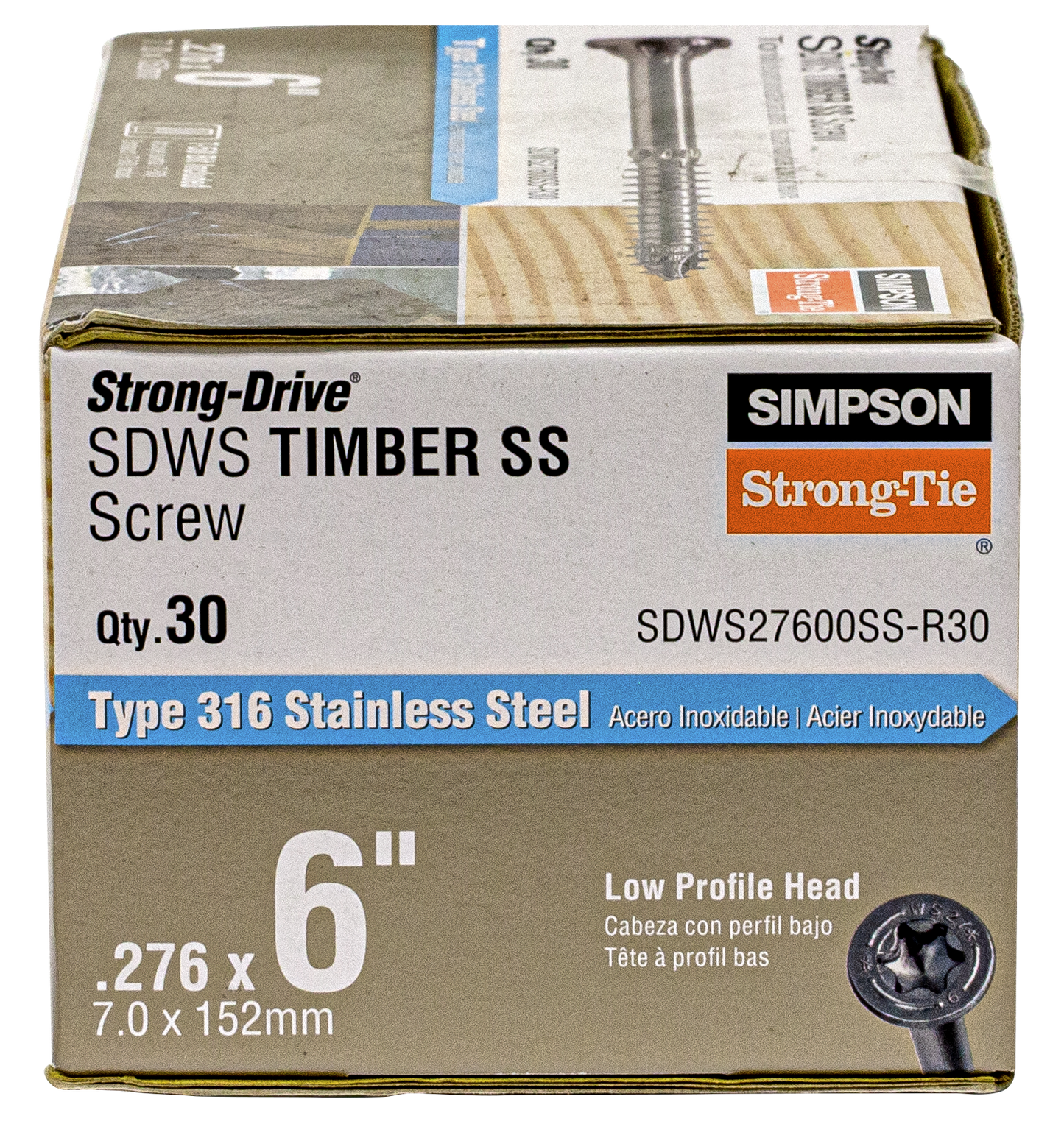 Simpson Strong-Tie SDWS27600SS-R30 Strong-Drive® SDWS™ TIMBER Screw — 0.275 in. x 6 in. T50, Type 316 (30-Qty) (Pack of 480)