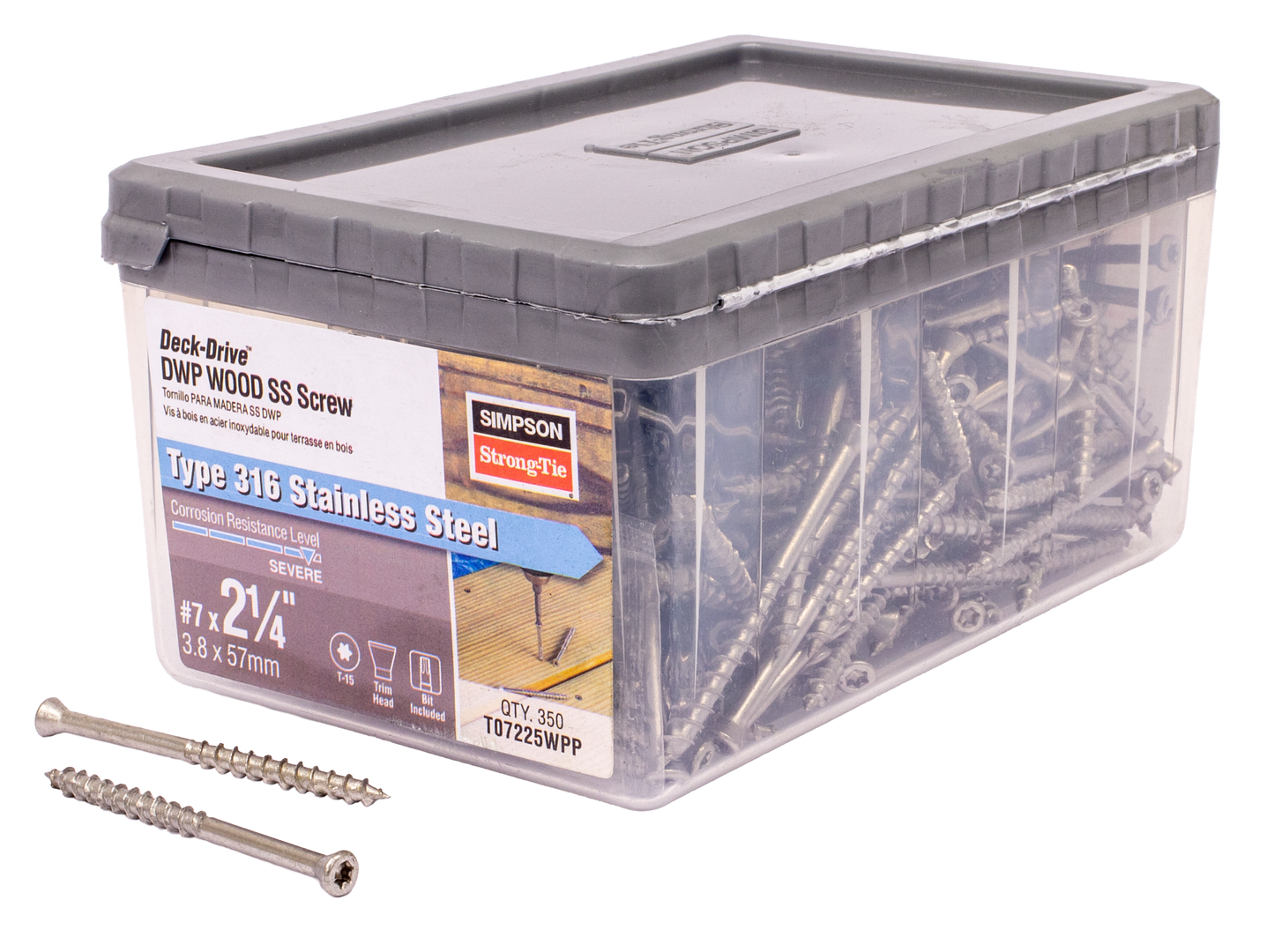 Simpson Strong-Tie T07225WPP Deck-Drive™ DWP WOOD SS Screw — #7 x 2-1/4 in. T-15, Trim Head, Type 316 (350-Qty) (Pack of 6)
