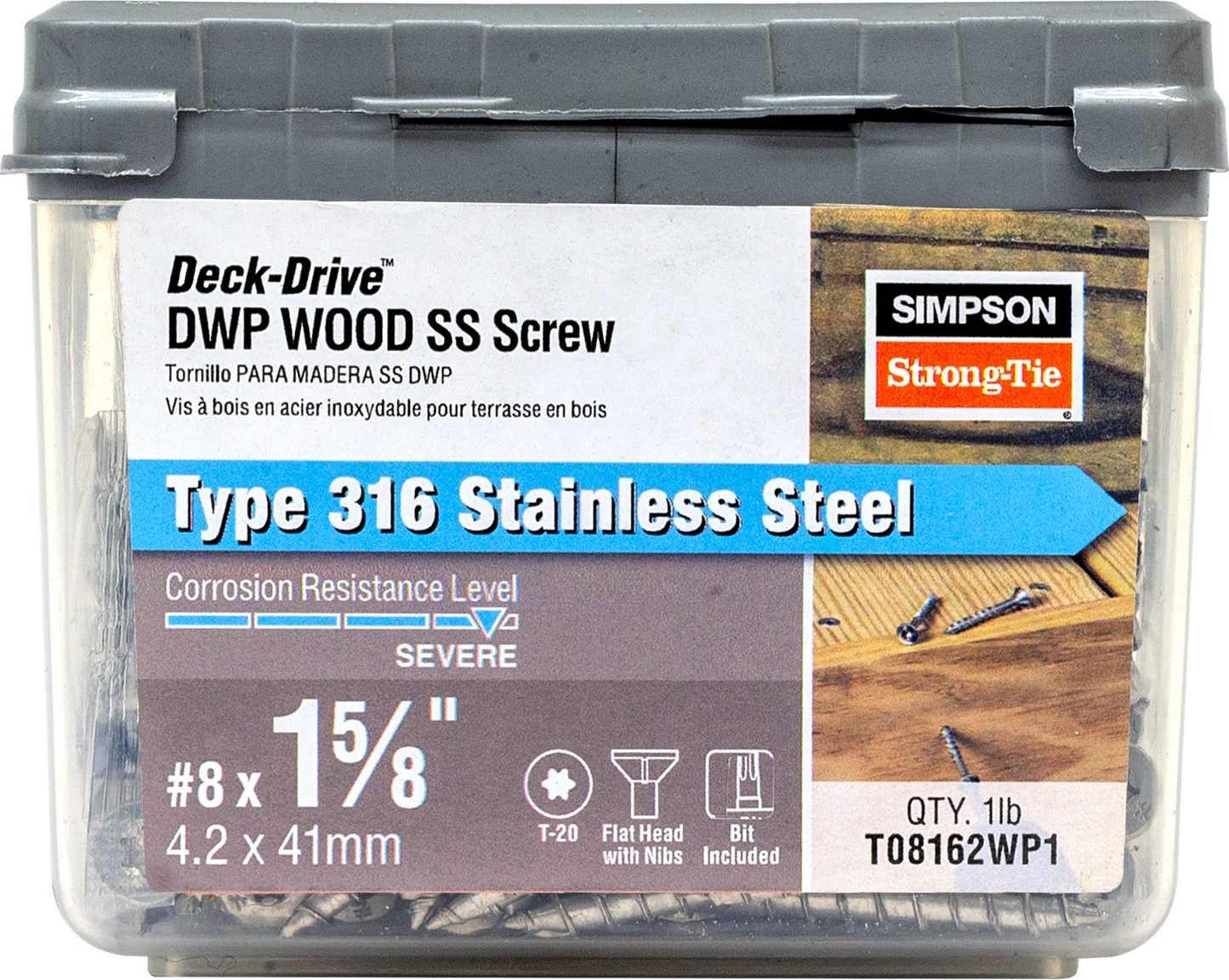 Simpson Strong-Tie T08162WP1 Deck-Drive™ DWP WOOD SS Screw — #8 x 1-5/8 in. T20, Flat Head, Type 316 (1 lb.)
