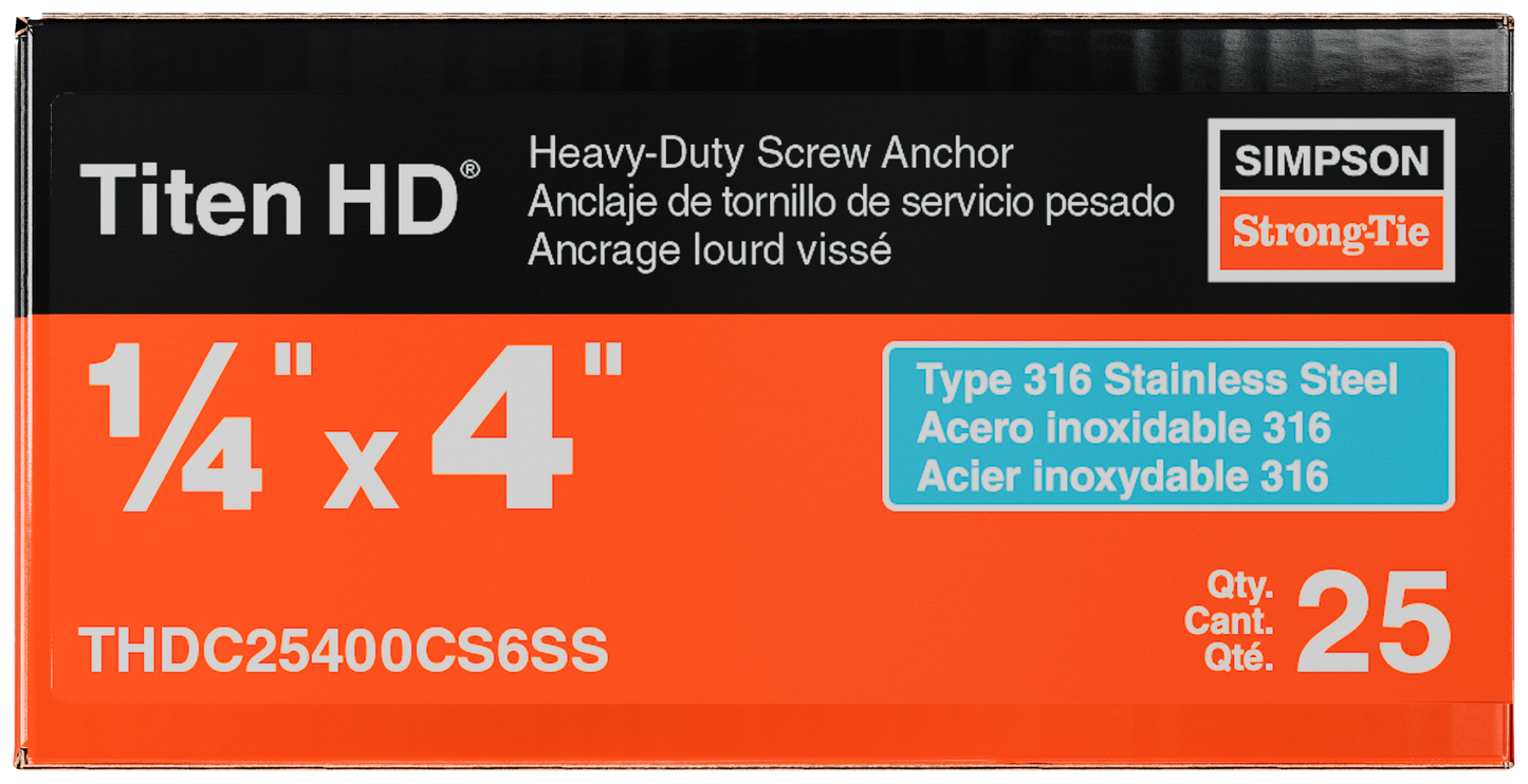 Simpson Strong-Tie THDC25400CS6SS Titen HD® 1/4 in. x 4 in. Type 316 SS Countersunk Head Heavy-Duty Screw Anchor (25-Qty) (Pack of 10)