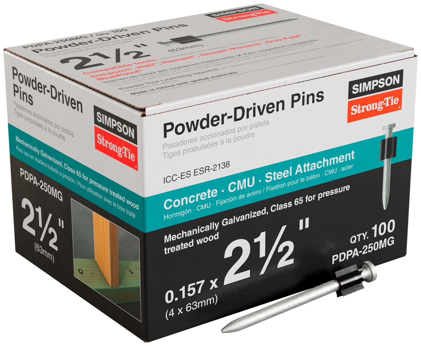 Simpson Strong-Tie PDPA-250MG PDPA .157 in. x 2-1/2 in. Mechanically Galvanized Powder-Actuated Pin (100-Qty) (Pack of 1050)