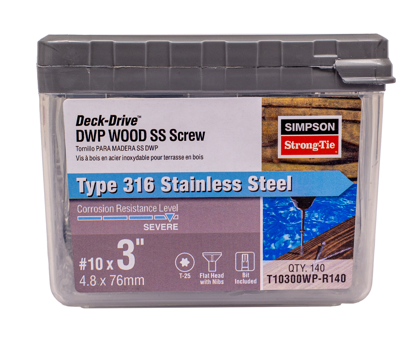 Simpson Strong-Tie T10300WP-R140 Deck-Drive™ DWP WOOD SS Screw — #10 x 3 in. T25, Flat Head, Type 316 (140-Qty) (Pack of 6)
