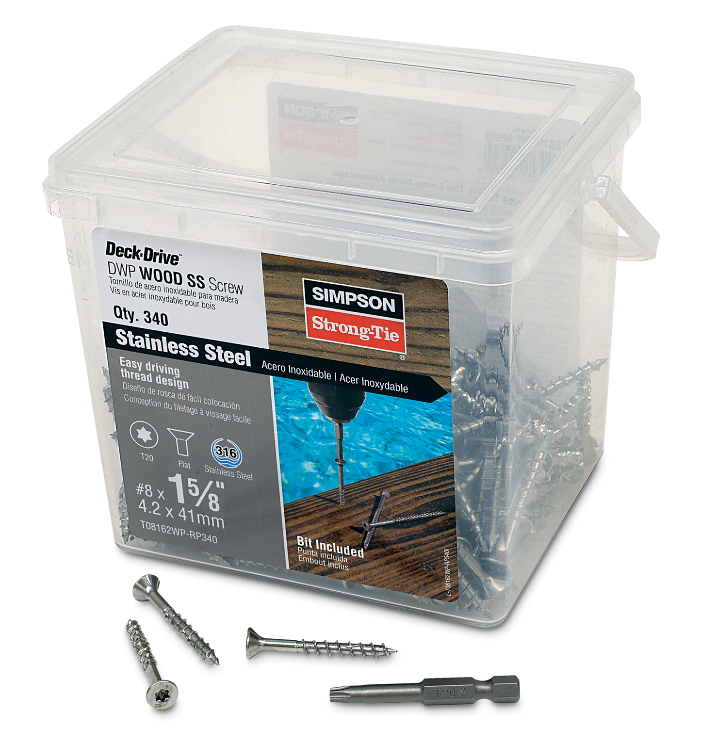 Simpson Strong-Tie T08162WP-RP340 Deck-Drive™ DWP WOOD SS Screw — #8 x 1-5/8 in. T20, Flat Head, Type 316 (340-Qty)