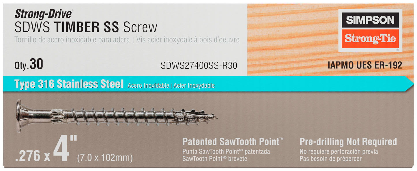 Simpson Strong-Tie SDWS27400SS-R30 Strong-Drive® SDWS™ TIMBER Screw — 0.275 in. x 4 in. T50, Type 316 (30-Qty) (Pack of 480)