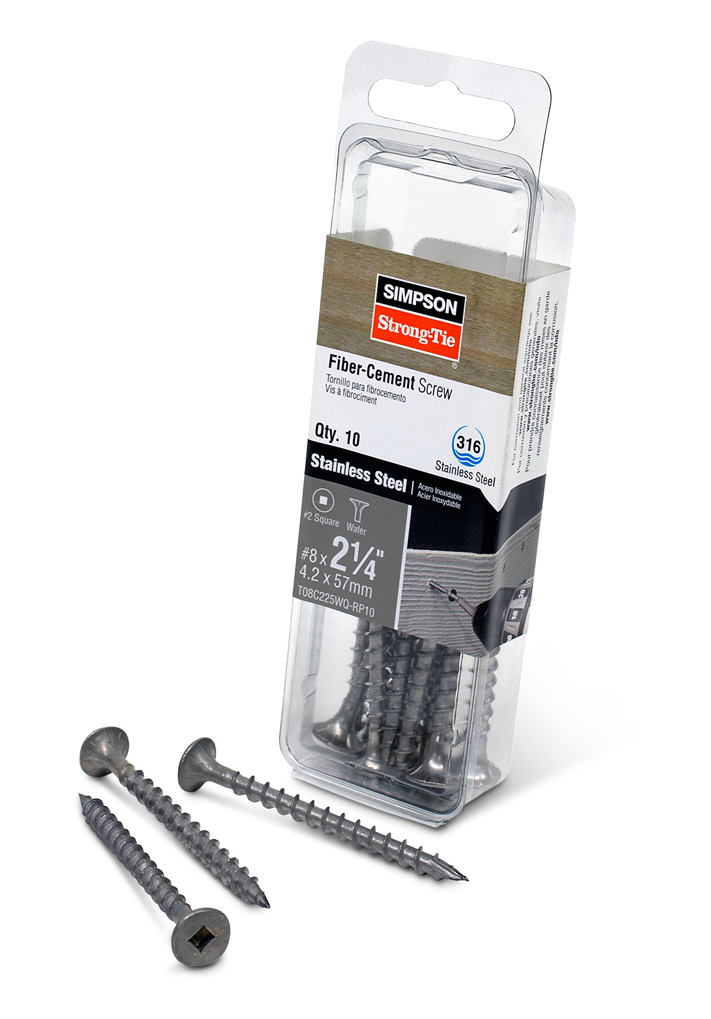 Simpson Strong-Tie T08C225WQ-RP10 Fiber-Cement Screw — #8 x 2-1/4 in. #2 Square Wafer-Head, Type 316 (10-Qty)