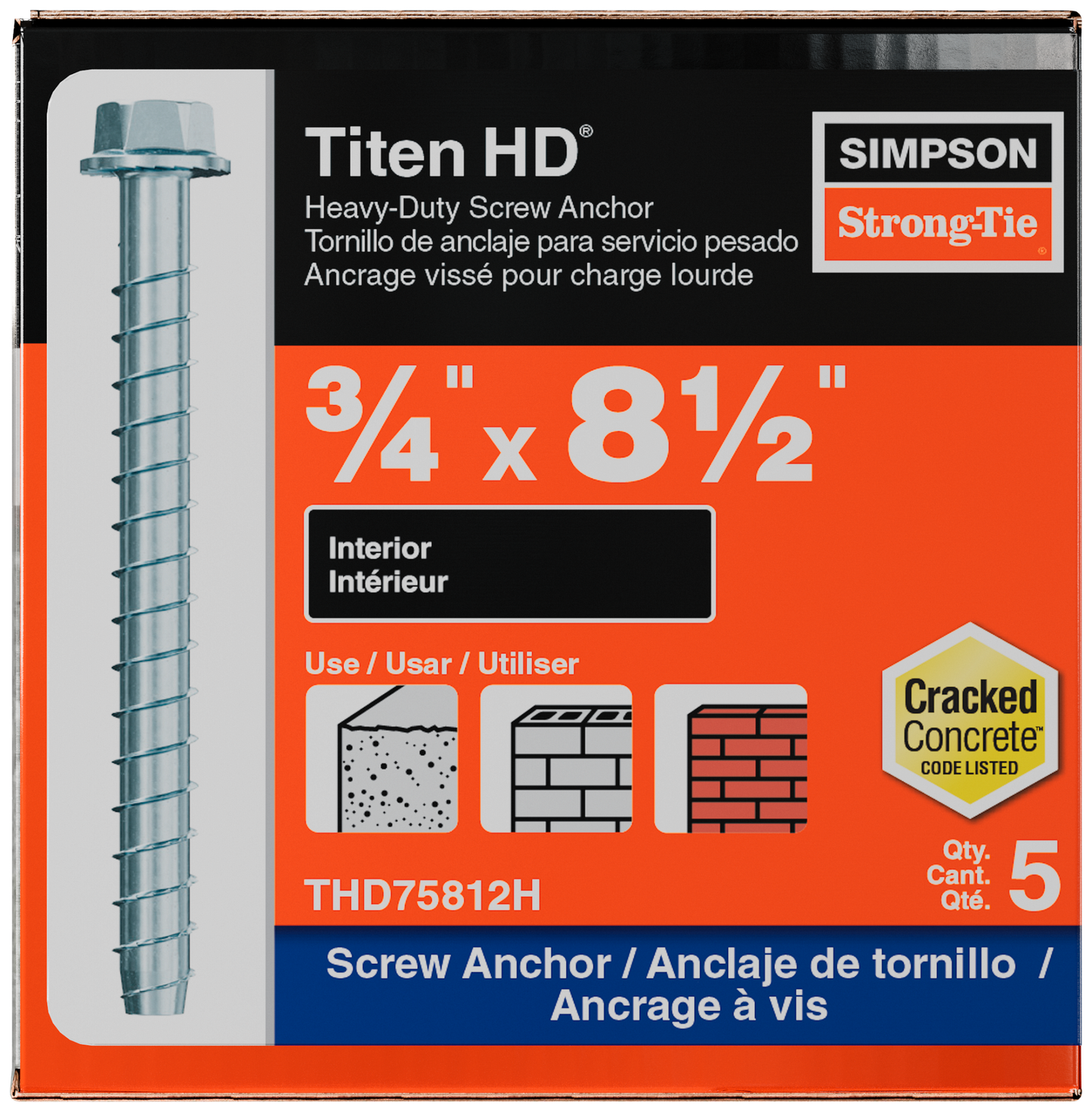 Simpson Strong-Tie THD75812H Titen HD® 3/4 in. x 8-1/2 in. Heavy-Duty Screw Anchor (5-Qty) (Pack of 252)