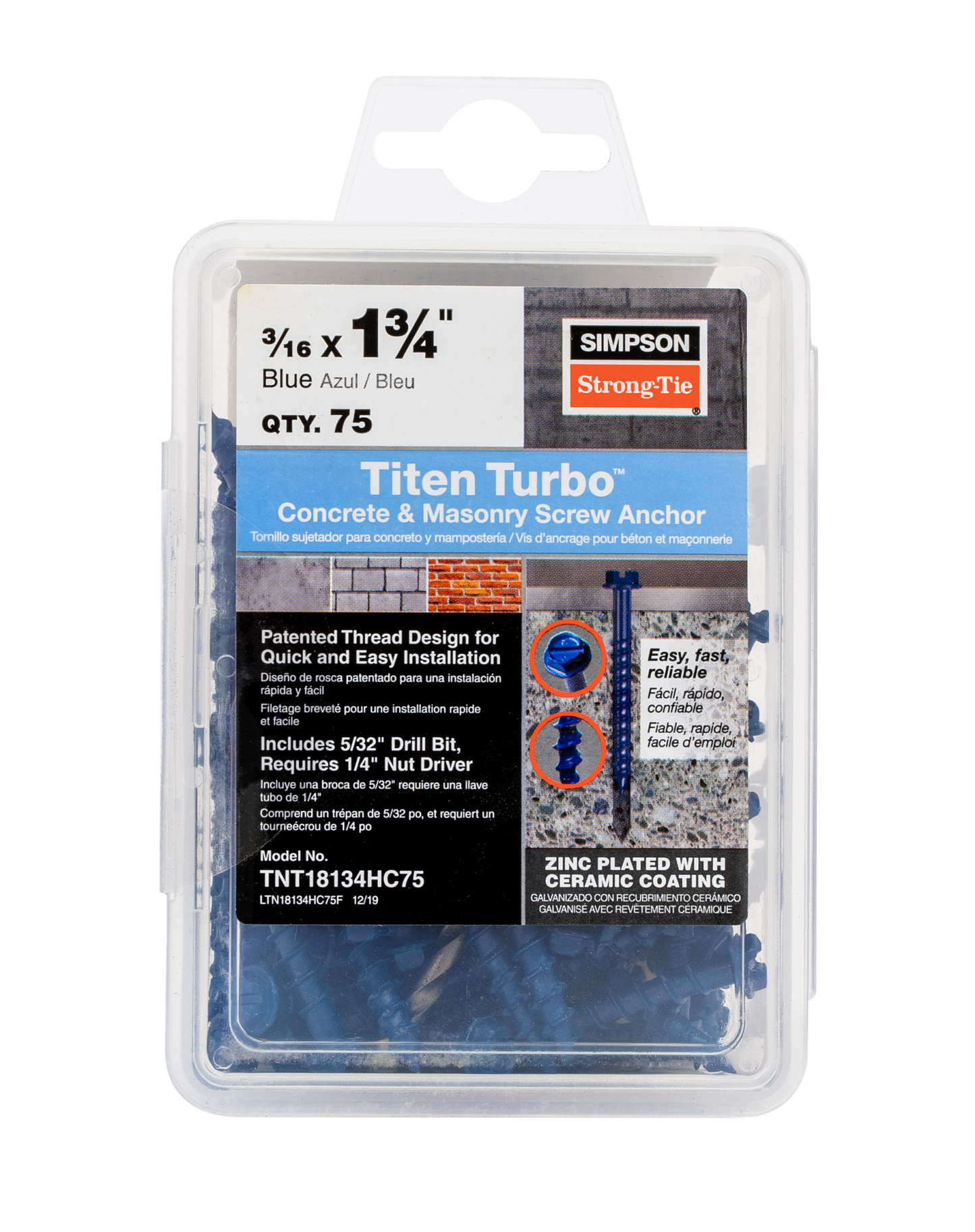 Simpson Strong-Tie TNT18134H Titen Turbo™ — 3/16 in. x 1-3/4 in. Hex-Head Concrete and Masonry Screw, Blue (100-Qty)