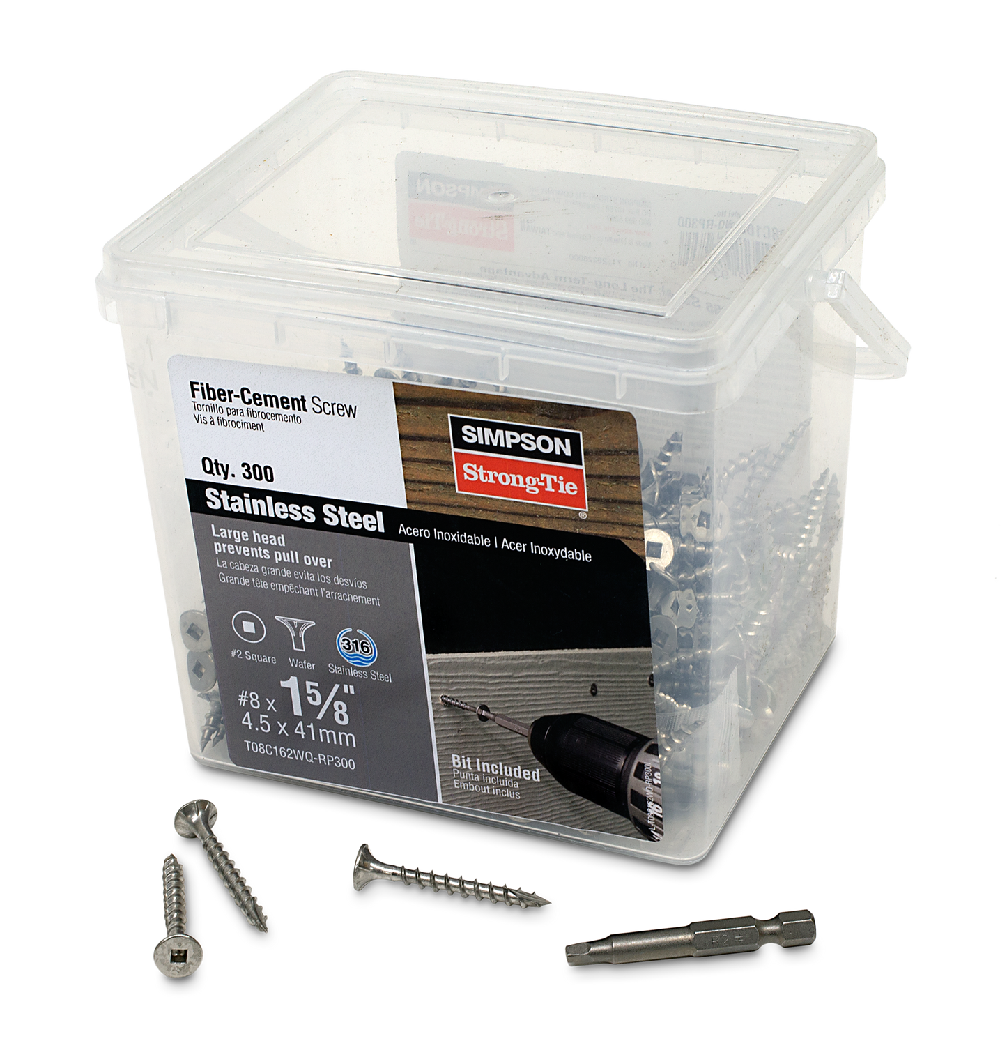 Simpson Strong-Tie T08C162WQ-RP300 Fiber-Cement Screw — #8 x 1-5/8 in. #2 Square Wafer-Head, Type 316 (300-Qty) (Pack of 336)