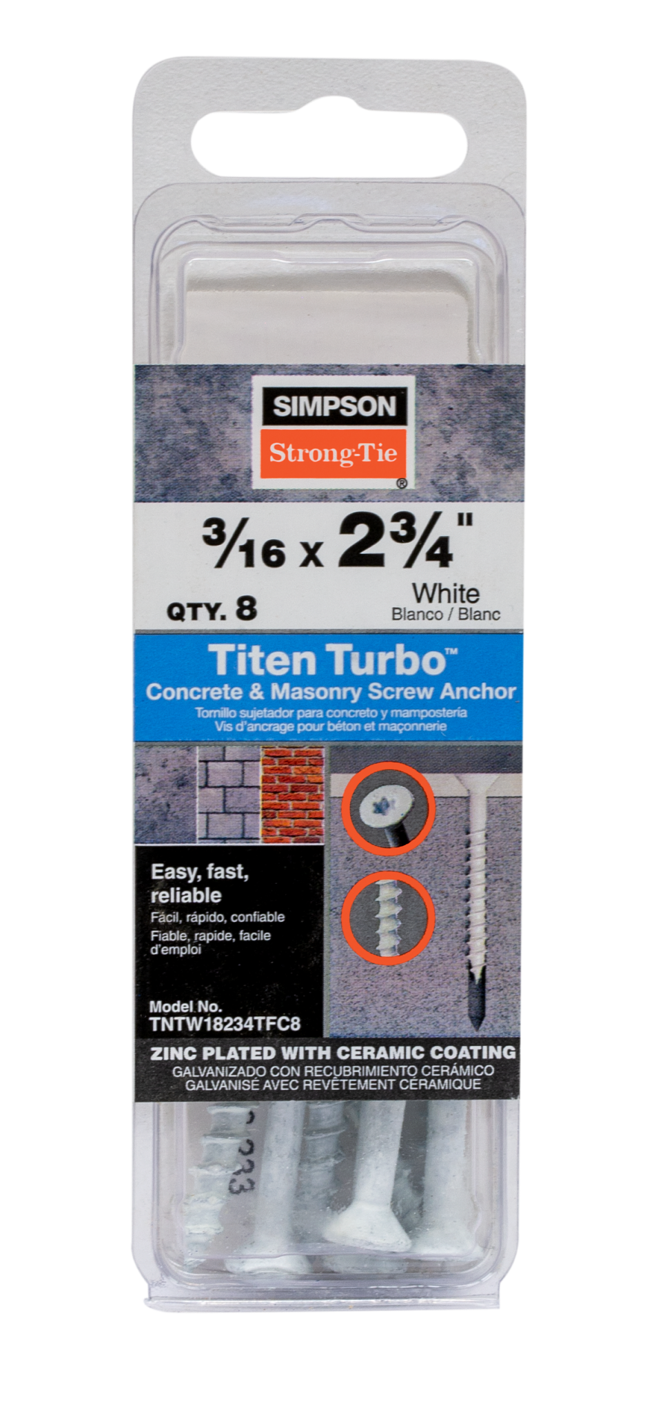 Simpson Strong-Tie TNTW18234TFC8 Titen Turbo™ — 3/16 in. x 2-3/4 in. 6-Lobe Flat-Head Concrete and Masonry Screw, White (8-Qty) (Pack of 5)
