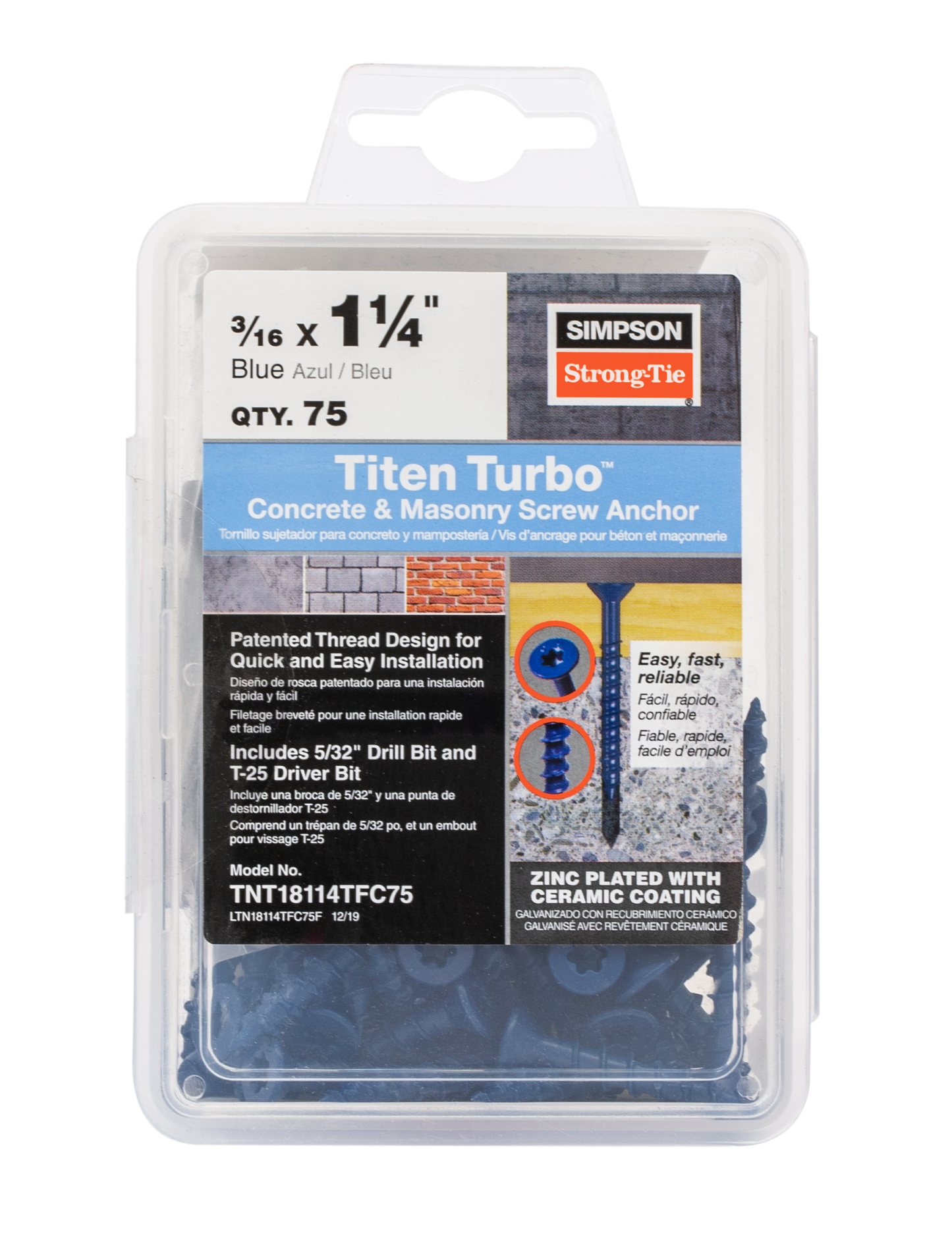 Simpson Strong-Tie TNT18114TFC75 Titen Turbo™ — 3/16 in. x 1-1/4 in. 6-Lobe Flat-Head Concrete and Masonry Screw, Blue (75-Qty)