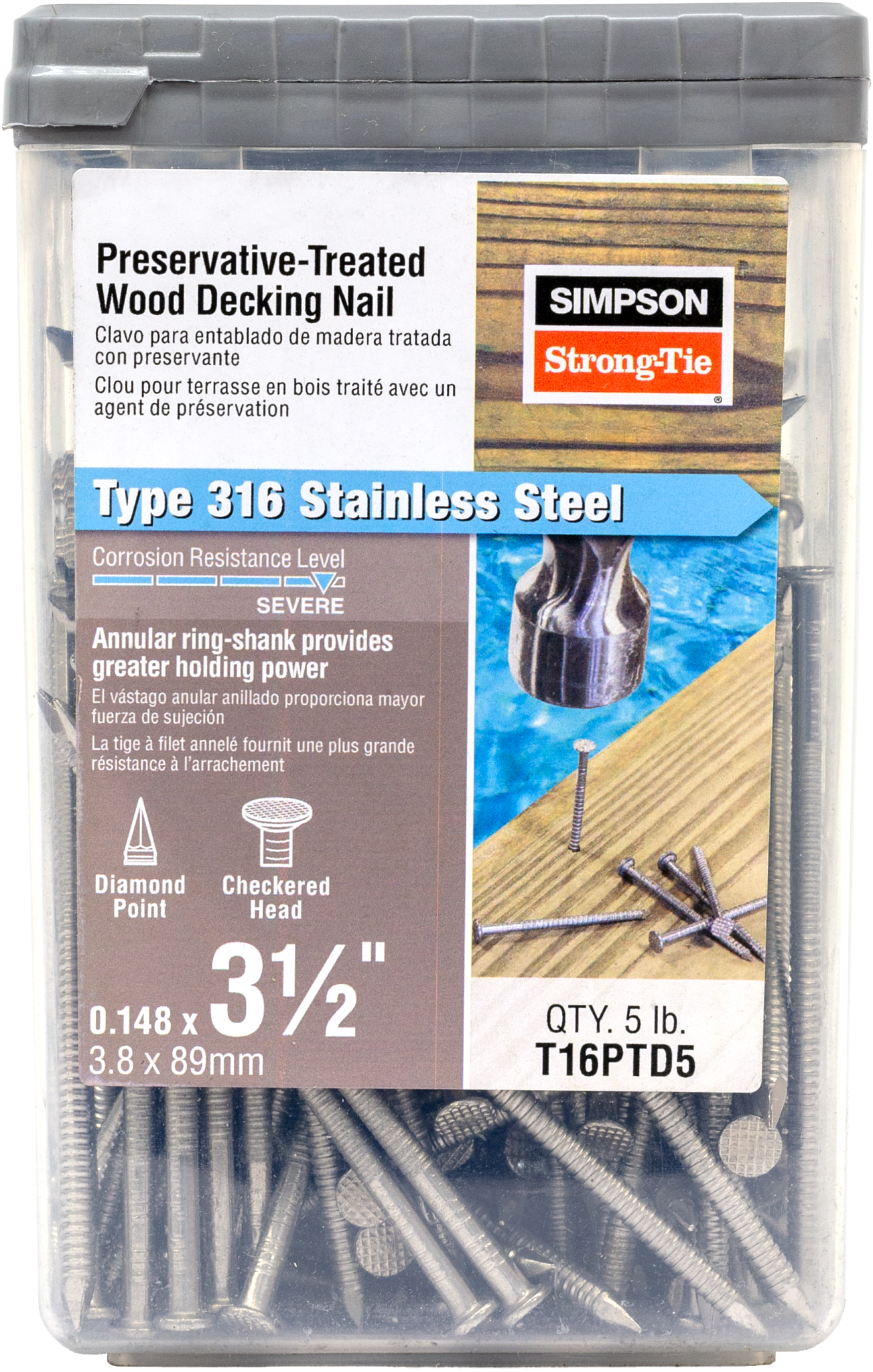Simpson Strong-Tie T16PTD5 Preservative-Treated Wood Decking Nail, Ring Shank — 3-1/2 in. x .148 in. Type 316 (5 lb.) (Pack of 6)