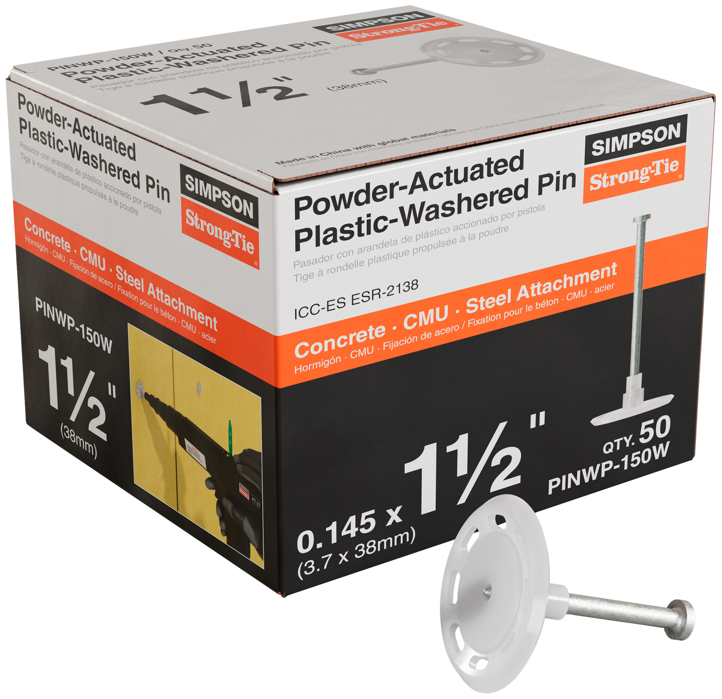 Simpson Strong-Tie PINWP-150W PINWP 1-1/2 in. Powder-Actuated Plastic-Washered Pin for Insulation Board (50-Qty) (Pack of 10)