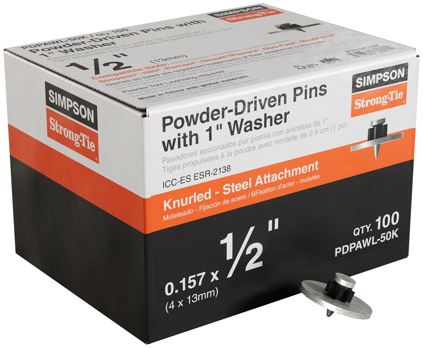 Simpson Strong-Tie PDPAWL-50K PDPAWL .157-in. x 1/2-in. Powder-Actuated Knurled Drive Pin w/ 1-in. Washer (100-Qty) (Pack of 10)