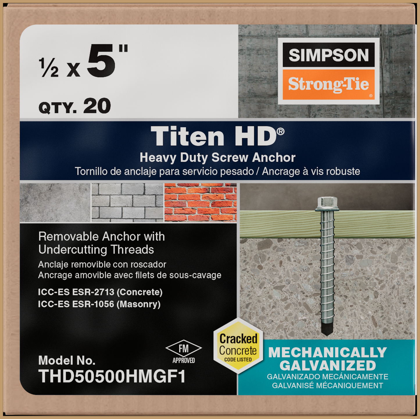 Simpson Strong-Tie THD50500HMGF1 Titen HD® 1/2 in. x 5 in. Mechanically Galvanized Heavy-Duty Screw Anchor (Pack of 6200)