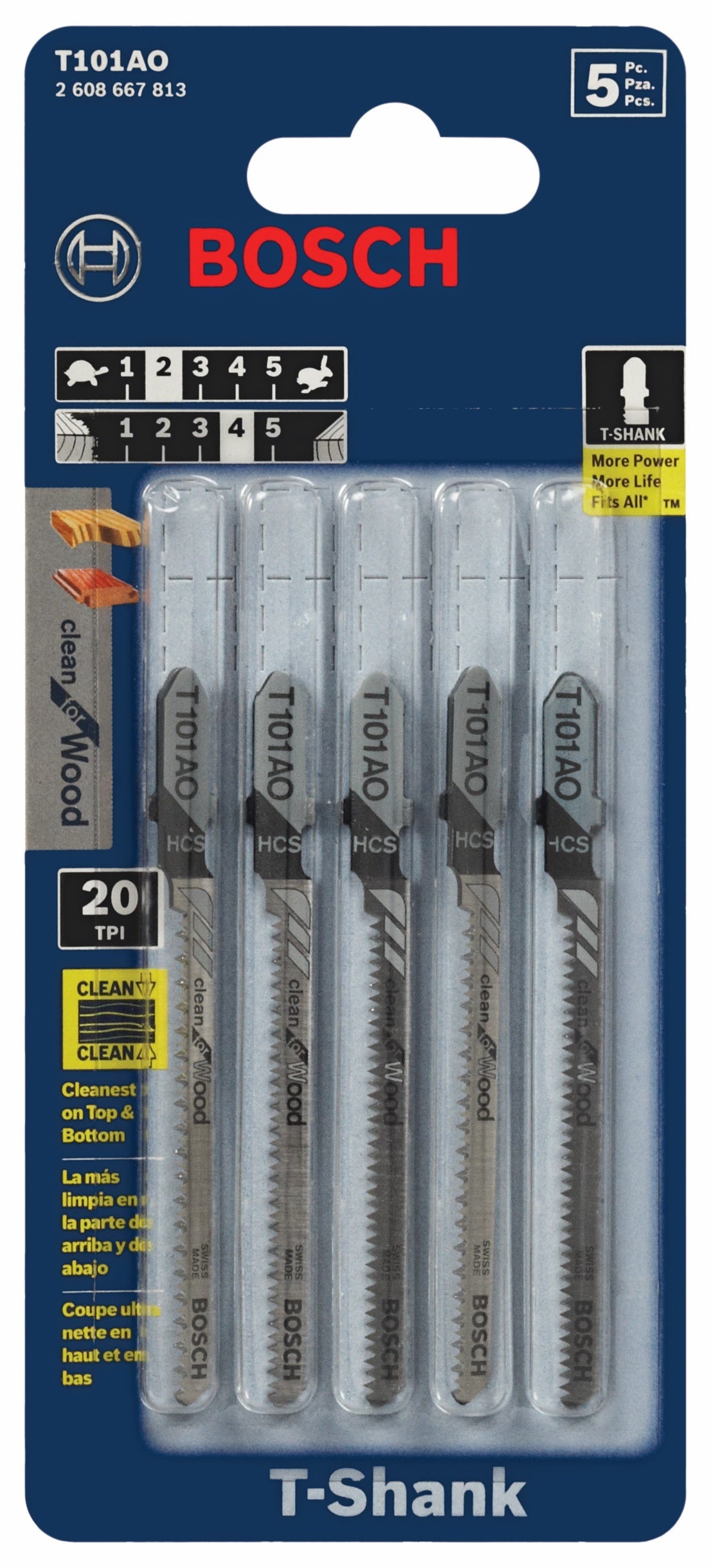 Hojas de sierra caladora BOSCH T101AO de 5 piezas, 3-1/4 pulg., 20 dientes por pulgada, para madera limpia, con vástago en T