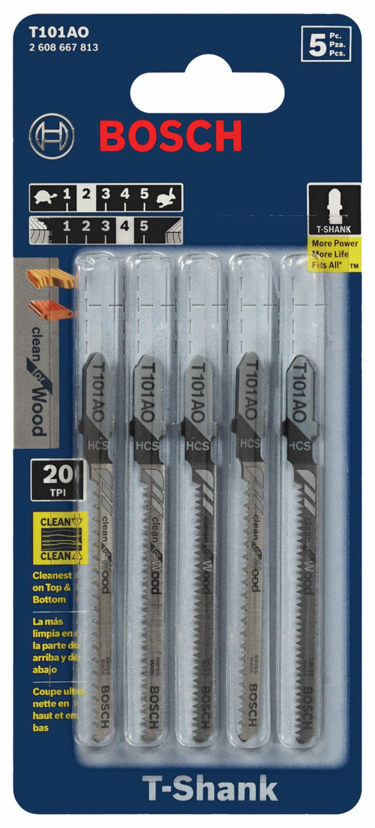Hojas de sierra caladora BOSCH T101AO de 5 piezas, 3-1/4 pulg., 20 dientes por pulgada, para madera limpia, con vástago en T