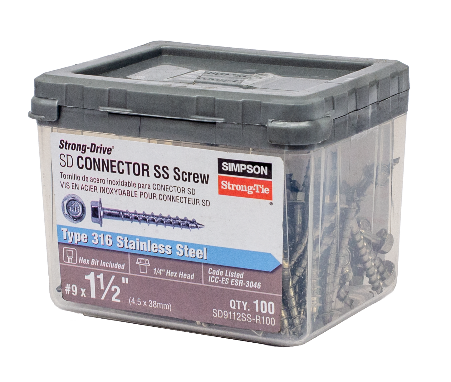 Simpson Strong-Tie SD9112SS-R100 Strong-Drive® SD CONNECTOR SS Screw — #9 x 1-1/2 in. 1/4-Hex Drive, Type 316 (100-Qty) (Pack of 10)