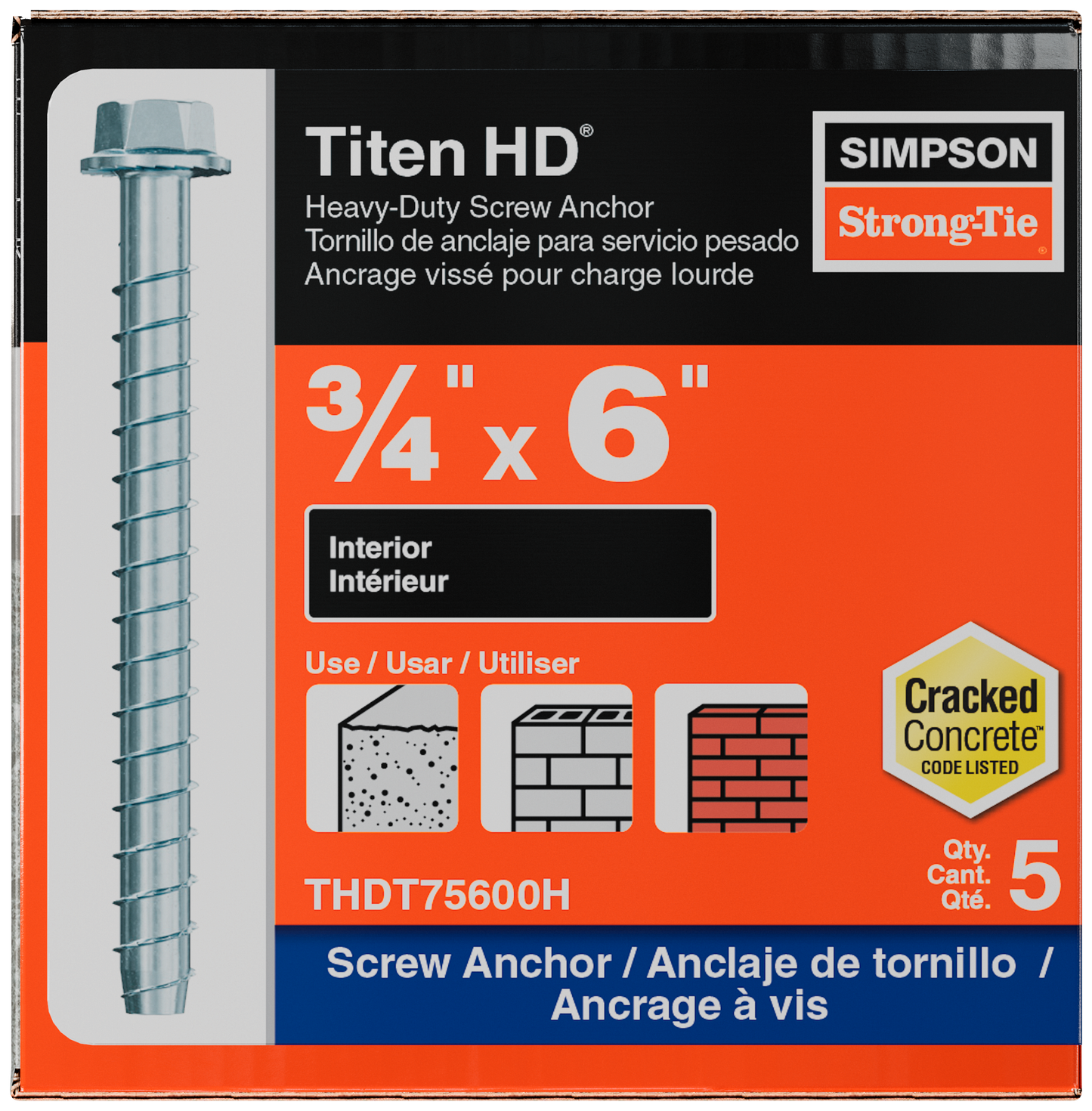 Simpson Strong-Tie THDT75600H Titen HD® 3/4 in. x 6 in. Heavy-Duty Screw Anchor (5-Qty) (Pack of 360)