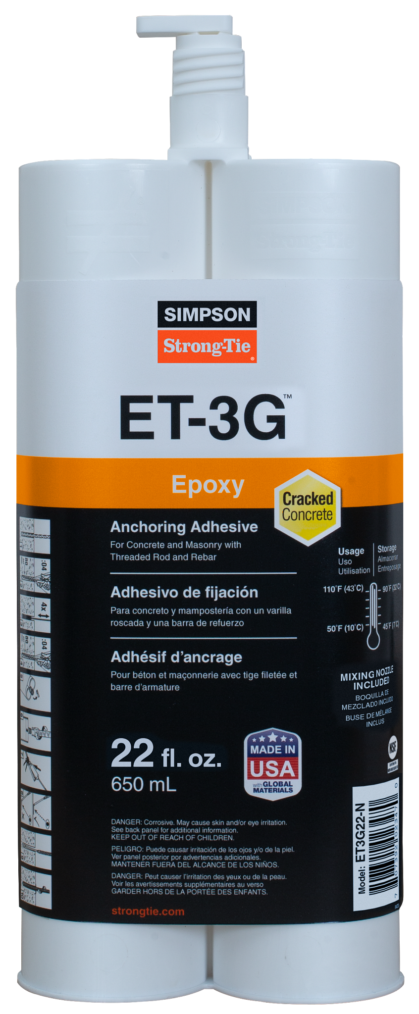 Simpson Strong-Tie ET3G22-N ET-3G™ 22 oz. Epoxy Adhesive Cartridge w/ Nozzle and Extension (Pack of 576)