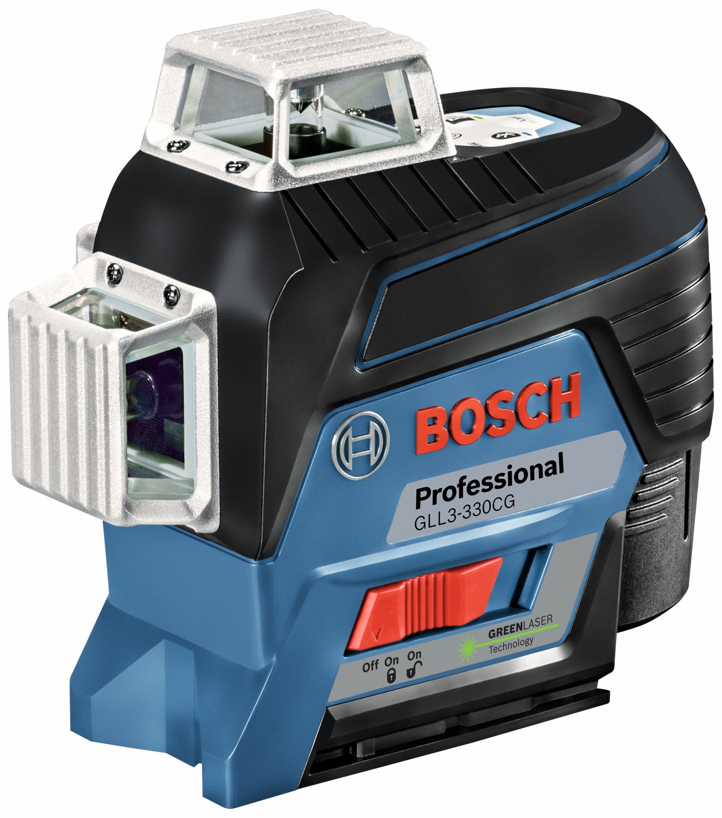 Kit láser de línea de nivelación y alineación de tres planos BOSCH GLL3-330CG de 12 V máx. 360° con haz verde conectado y (1) batería de 2 Ah