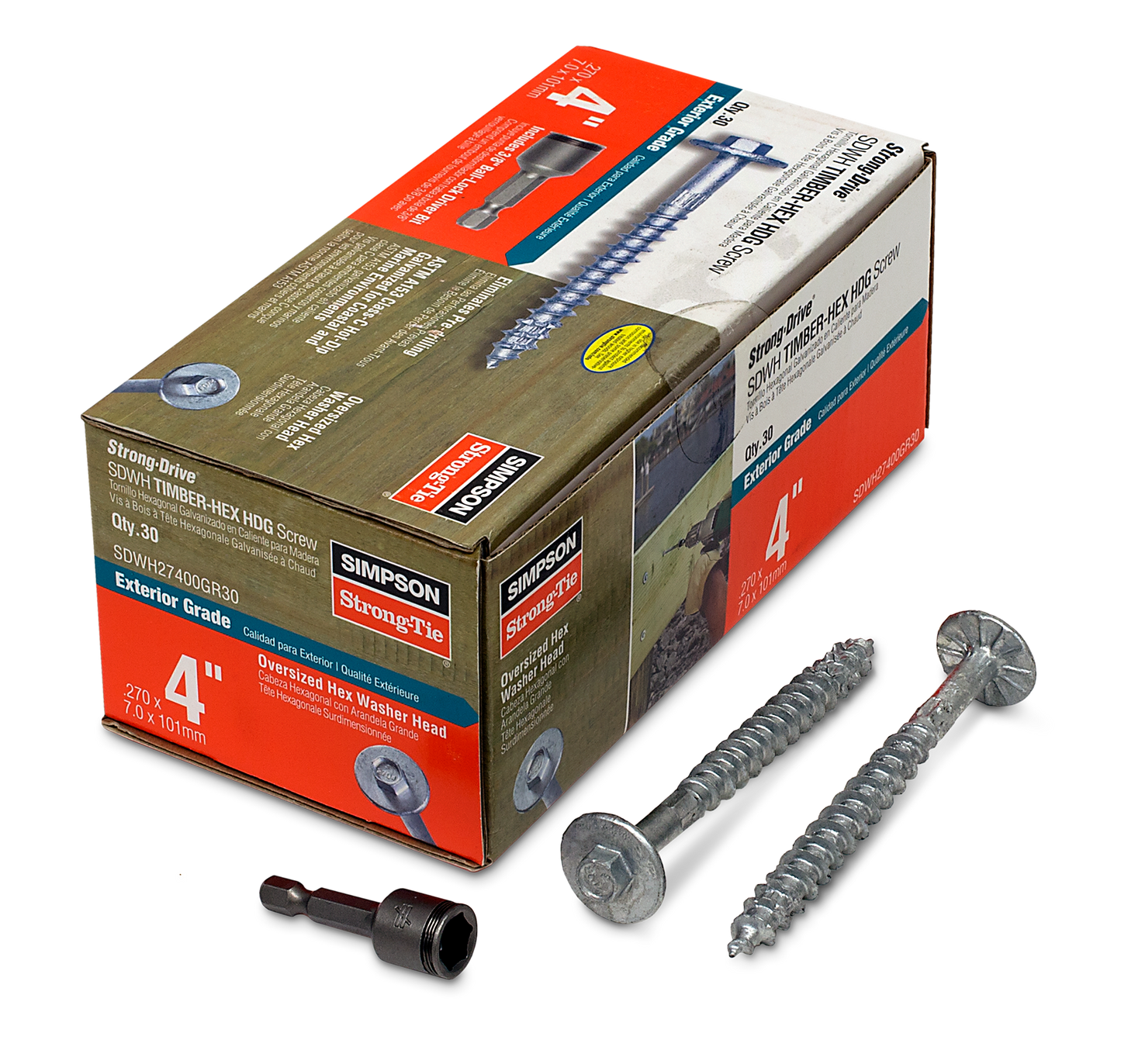 Simpson Strong-Tie SDWH27400GR30 Strong-Drive® SDWH™ TIMBER-HEX HDG Screw — 0.276 in. x 4 in. 3/8 Hex (30-Qty) (Pack of 360)