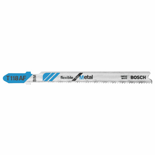 Hojas de sierra caladora BOSCH T118AF de 5 piezas, 3-5/8 pulg., 17-24 dientes por pulgada, flexibles para metal, con vástago en T