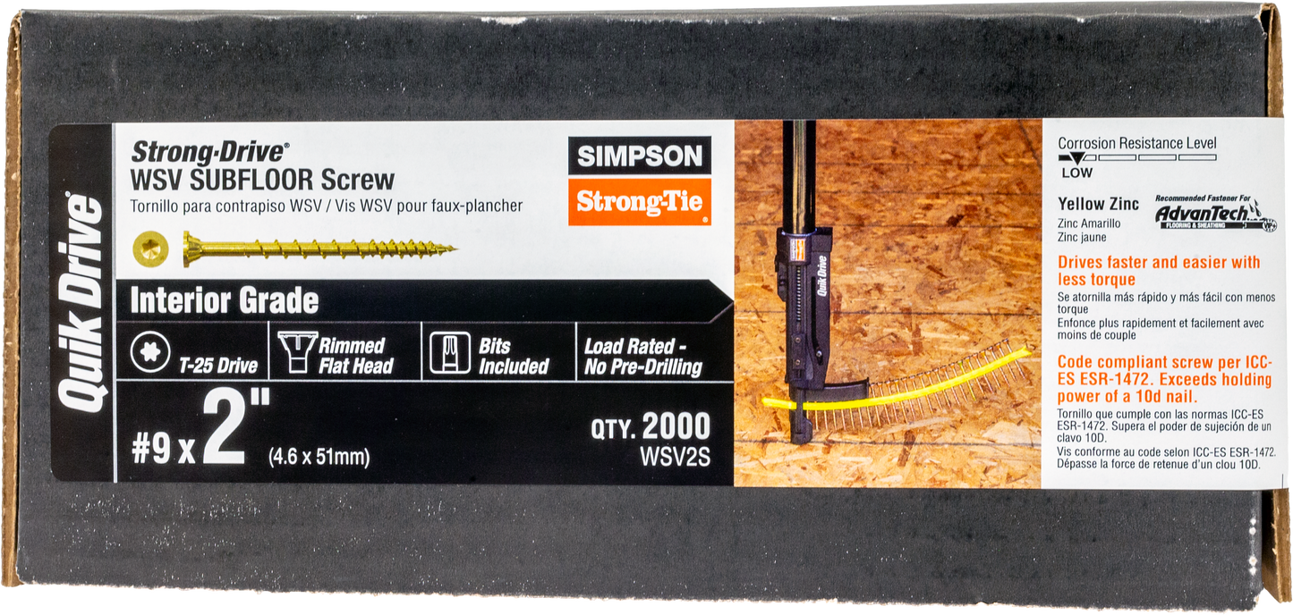 Simpson Strong-Tie WSV2S Strong-Drive® WSV SUBFLOOR Screw (Collated) — #9 x 2 in. T25, Yellow Zinc (2000-Qty) (Pack of 100)