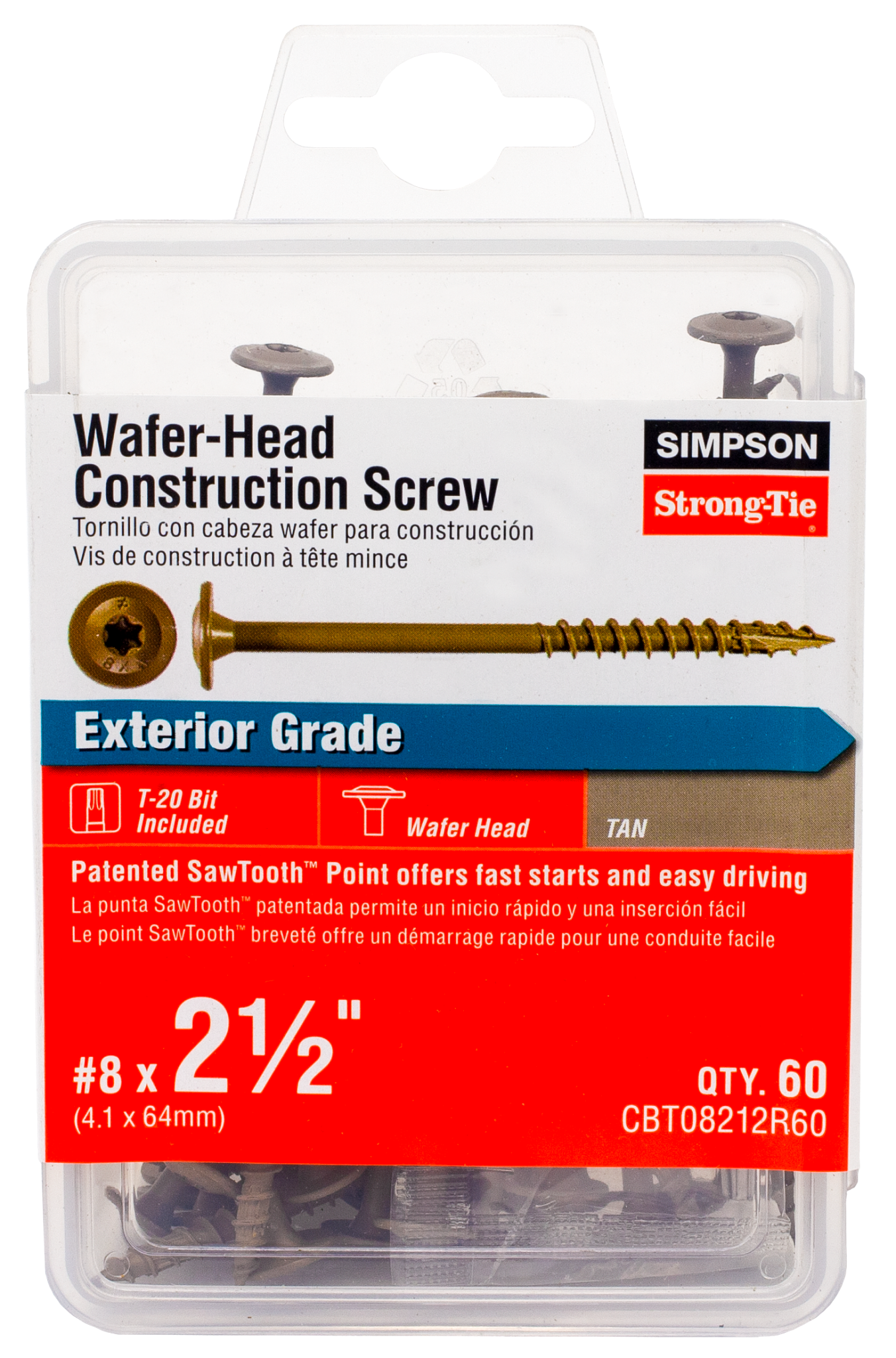 Simpson Strong-Tie CBT08212R60 Wafer-Head Construction Screw — #8 x 2-1/2 in. T20, Quik Guard®, Tan (60-Qty)