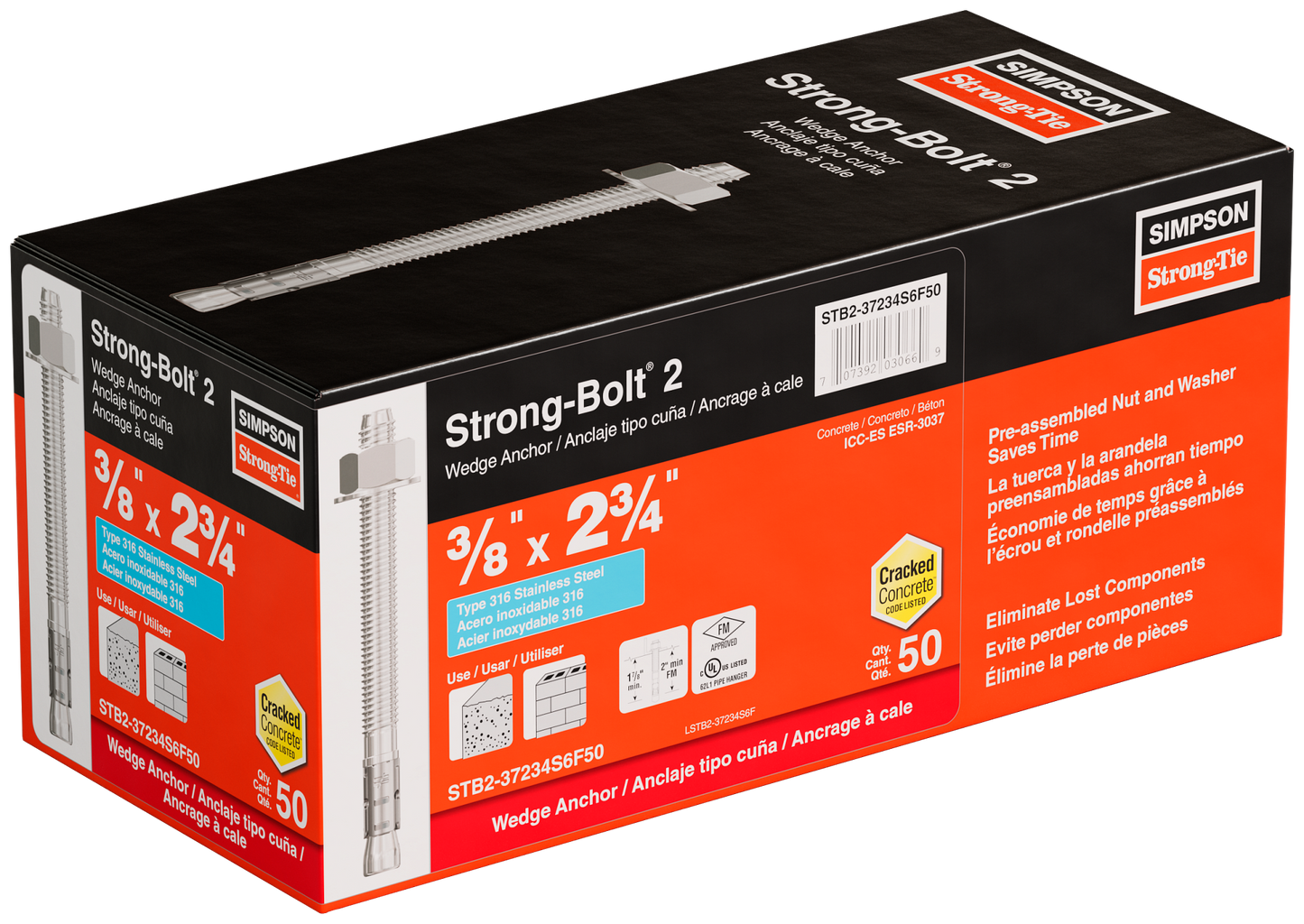 Simpson Strong-Tie STB2-37234S6F50 Strong-Bolt® 2 — 3/8 in. x 2-3/4 in. Type 316 Stainless-Steel Wedge Anchor, Fully Assembled (50-Qty) (Pack of 4)