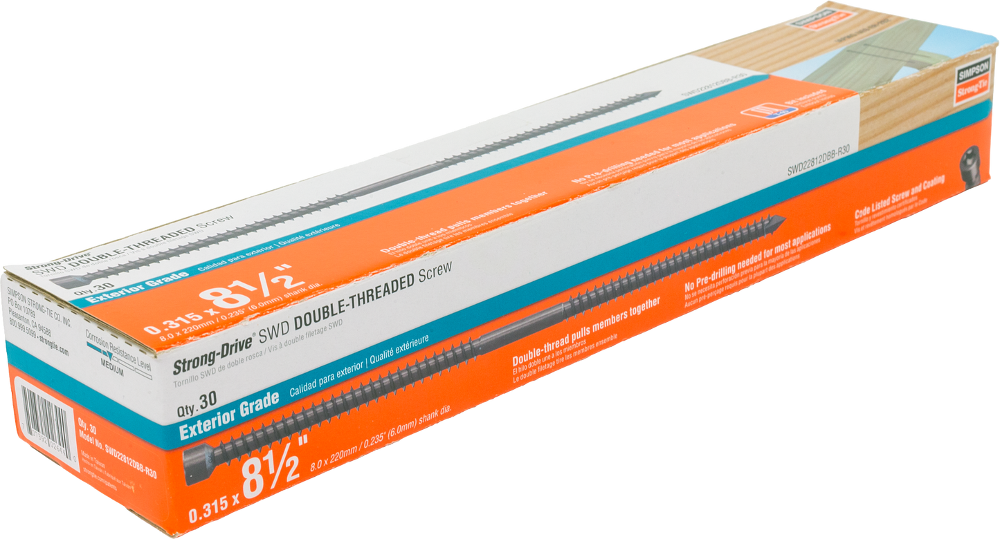 Simpson Strong-Tie SWD22812DBB-R30 Strong Drive® SWD Double-Threaded™ Screw — 0.235-in. x 8-1/2-in. T40, Black (30-Qty)