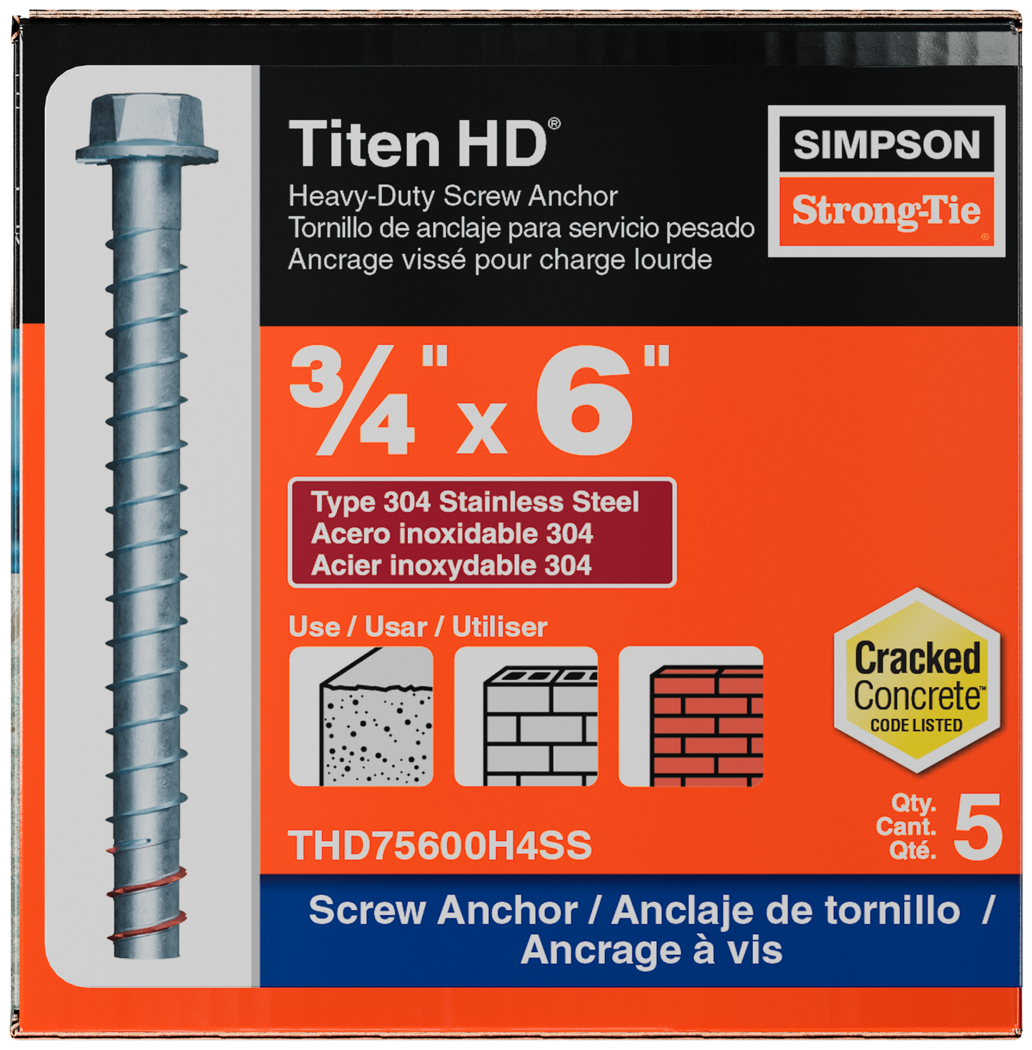 Simpson Strong-Tie THD75600H4SS Titen HD® 3/4 in. x 6 in. Type 304 Stainless Steel Heavy-Duty Screw Anchor (5-Qty)