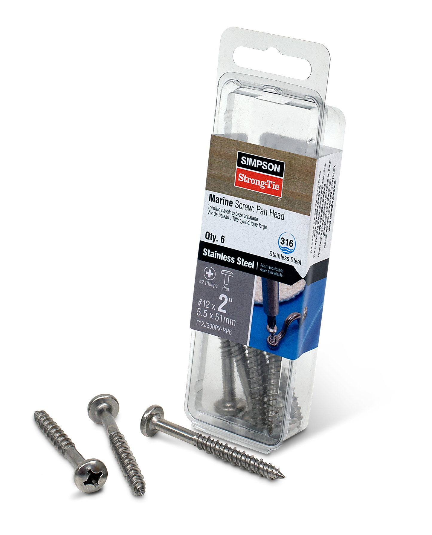 Simpson Strong-Tie T12J200PX-RP6 Marine Screw, Pan Head — #12 x 2 in. #3 Phillips Drive, Type 316 (6-Qty) (Pack of 3240)