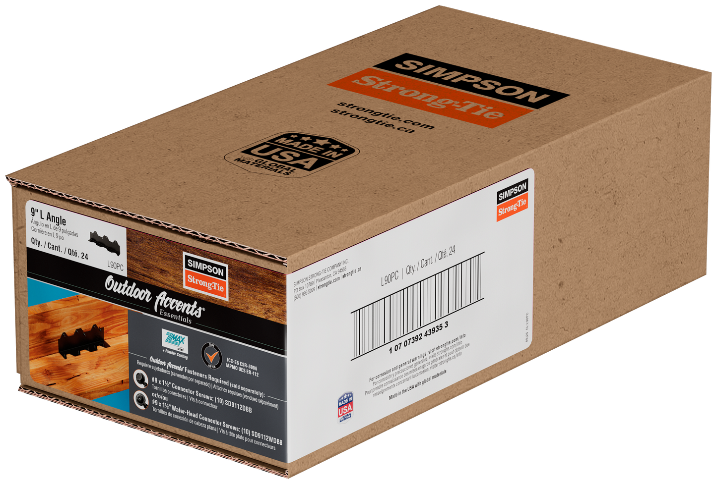 Simpson Strong-Tie L90PC Outdoor Accents® 9 in. 16-Gauge ZMAX®, Black Powder-Coated Reinforcing L Angle (Pack of 24)