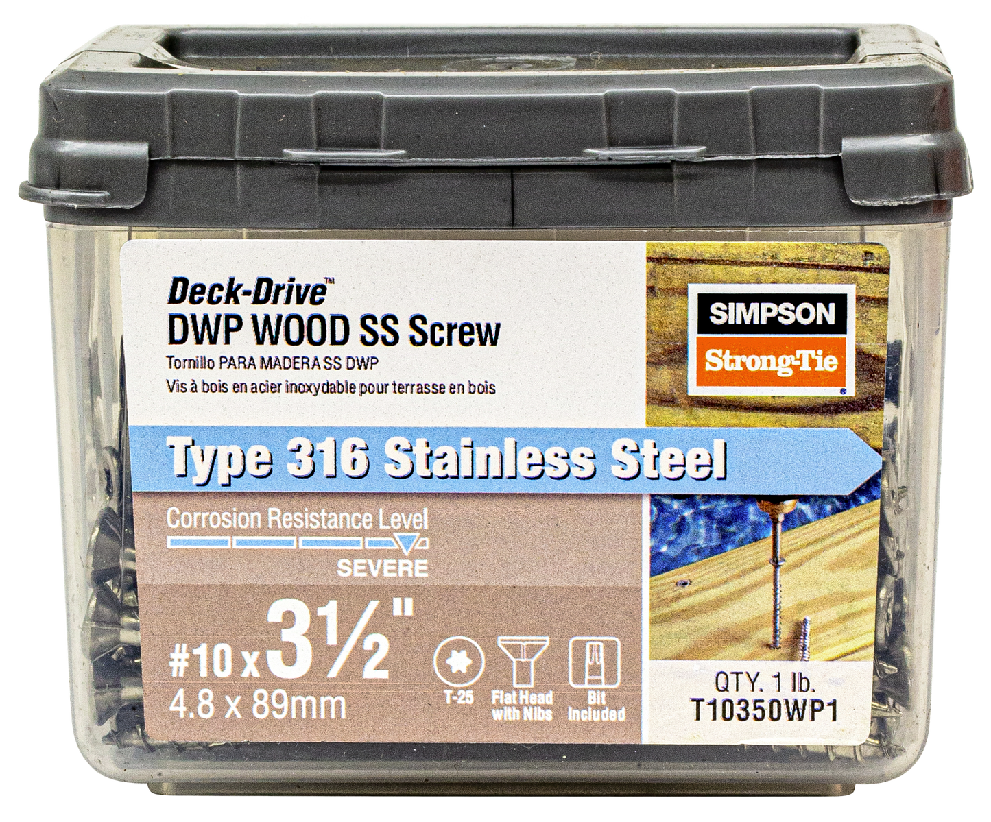 Simpson Strong-Tie T10350WP1 Deck-Drive™ DWP WOOD SS Screw — #10 x 3-1/2 in. T-25, Flat Head, Type 316 (1 lb.)