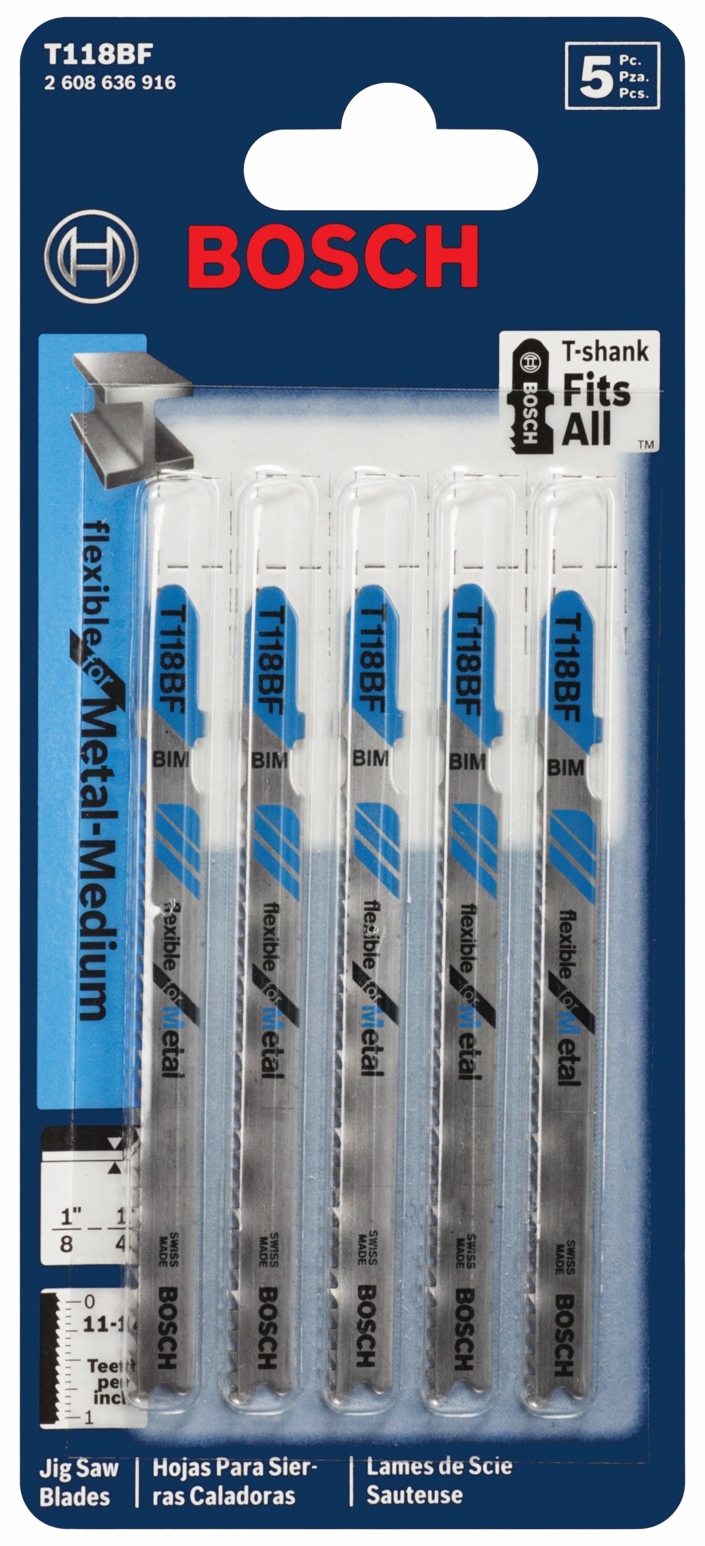 Hojas de sierra caladora BOSCH T118BF de 5 piezas, 3-5/8 pulg., 11-14 dientes por pulgada, flexibles para metal, con vástago en T