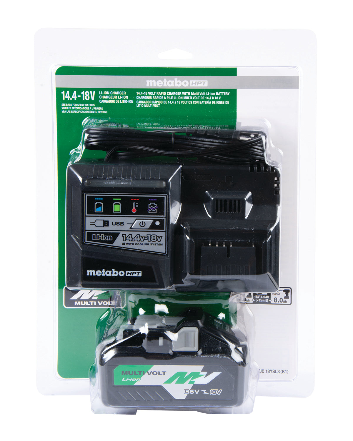 Kit de inicio de batería deslizante de iones de litio Metabo HPT UC18YSL3B1M de 36 V/18 V (4,0 Ah/8,0 Ah)